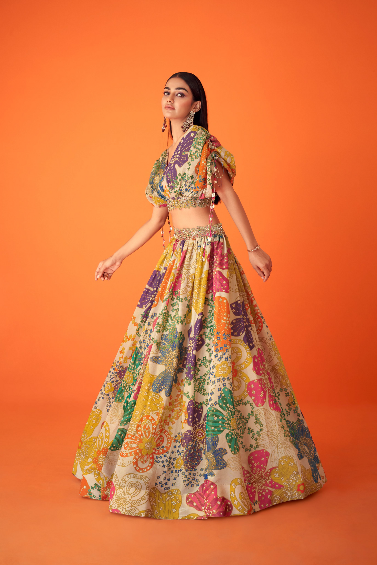 Off White Floral Indowestern Lehenga Set