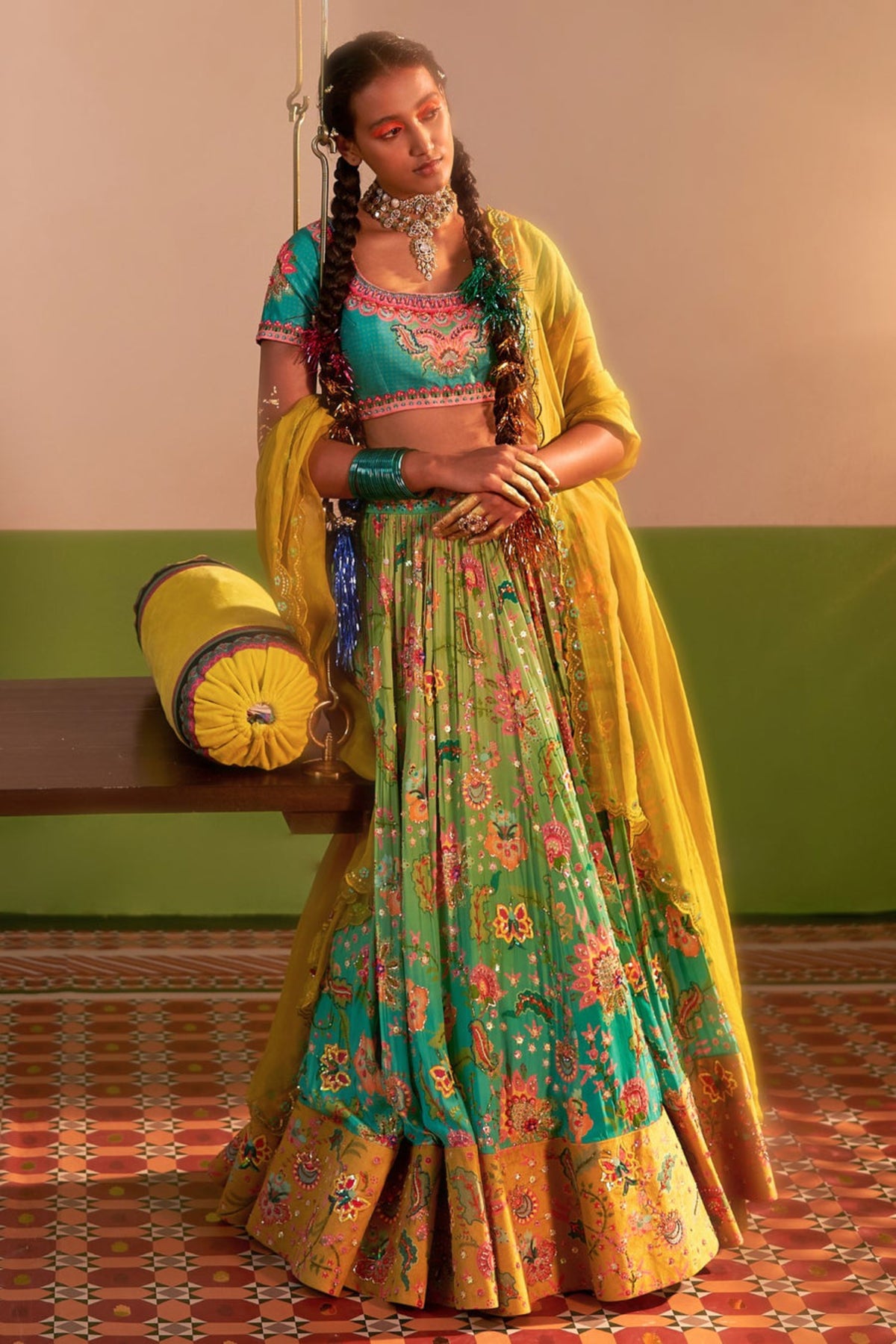 Aqua Turquoise Ombre Embroidered Lehenga Set