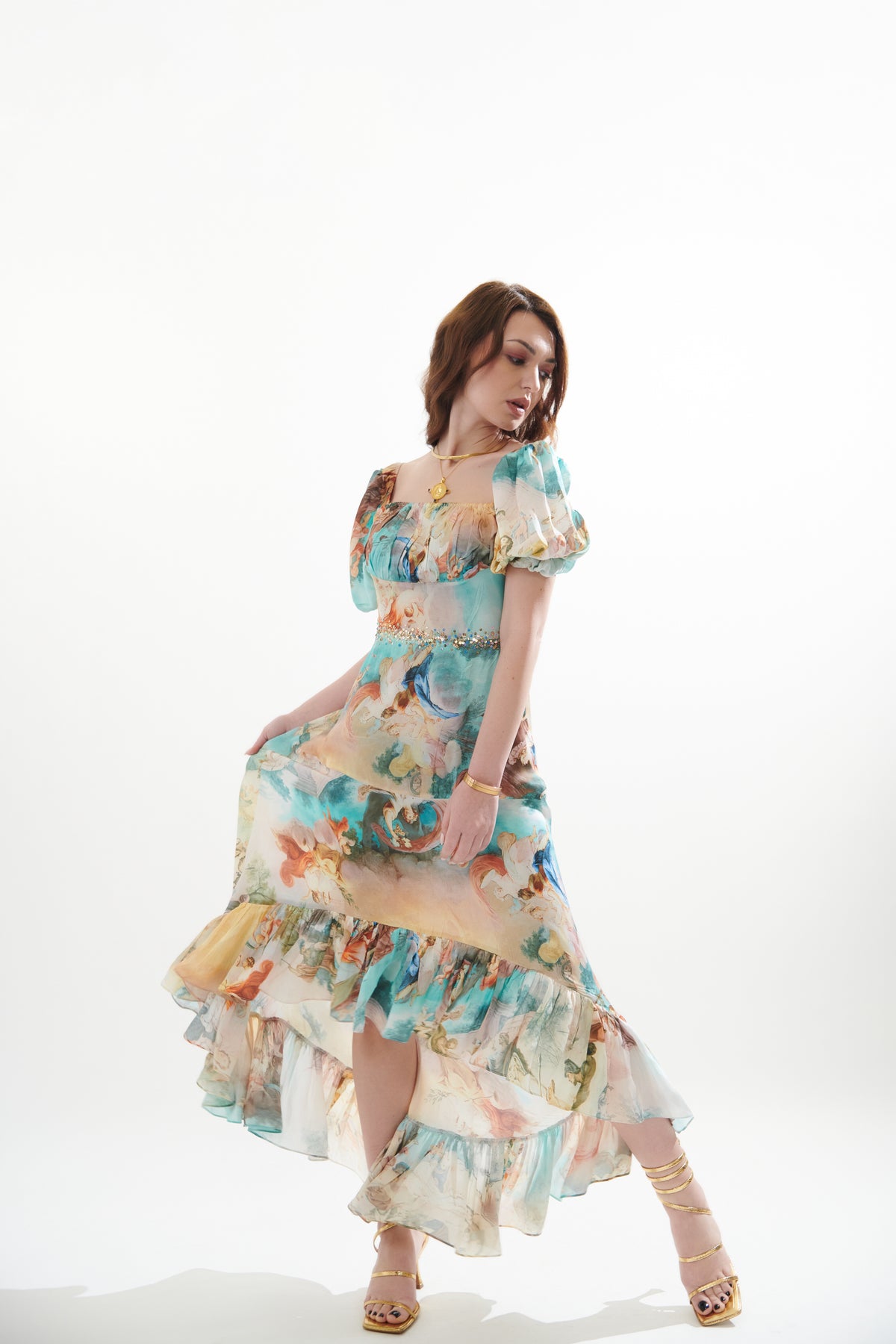 Vintage Printed Satin High-low Dress With Balloon Sleeve