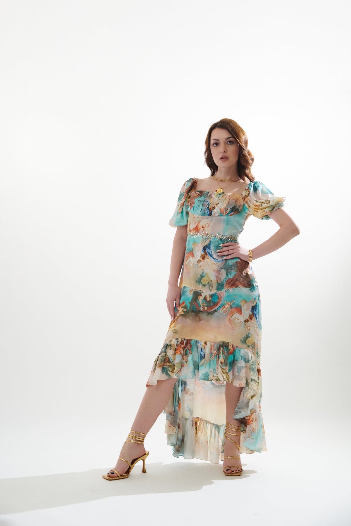 Vintage Printed Satin High-low Dress With Balloon Sleeve