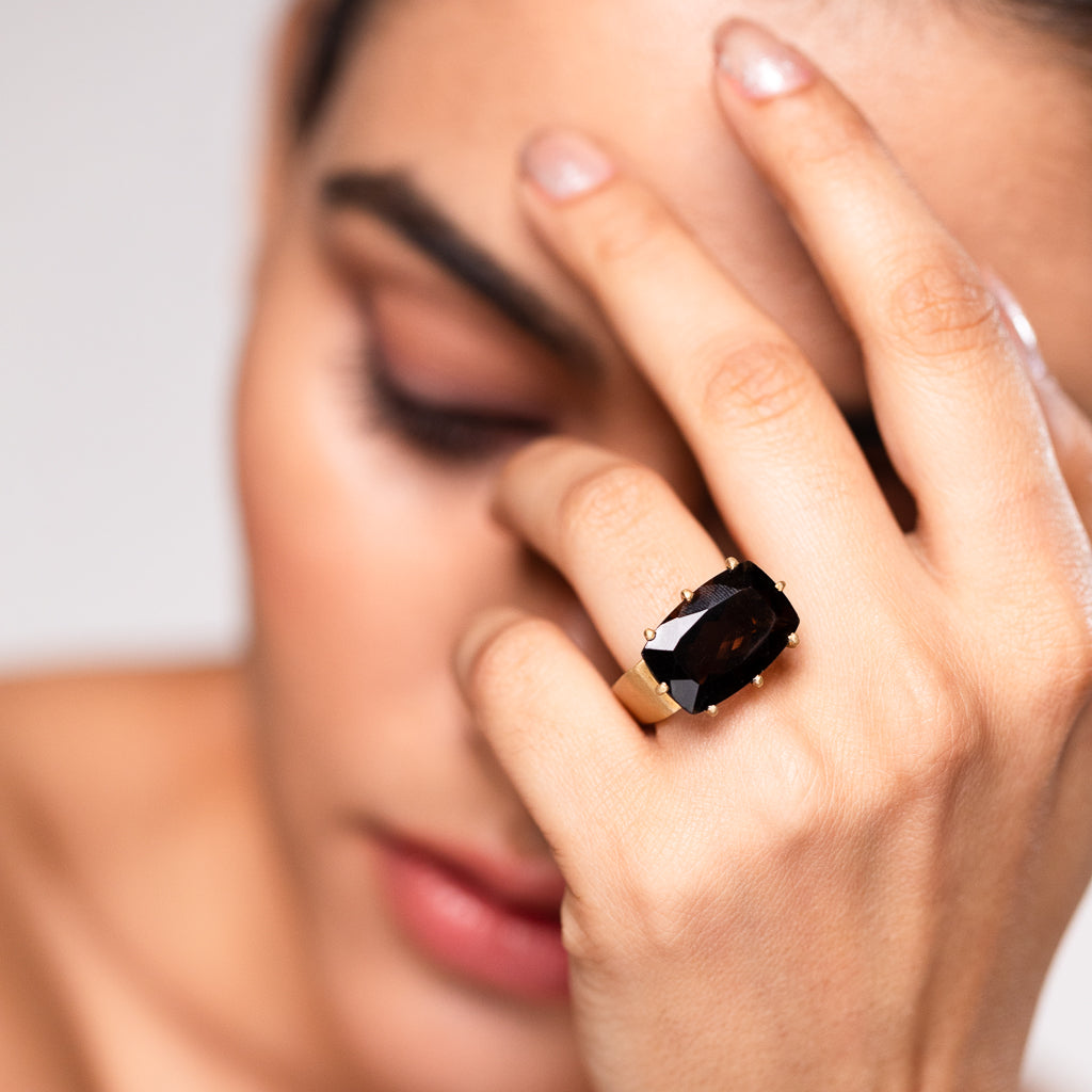 Smoky Quartz Round Geo Ring