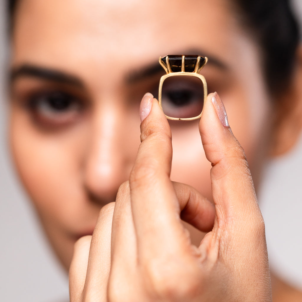 Smoky Quartz Round Geo Ring