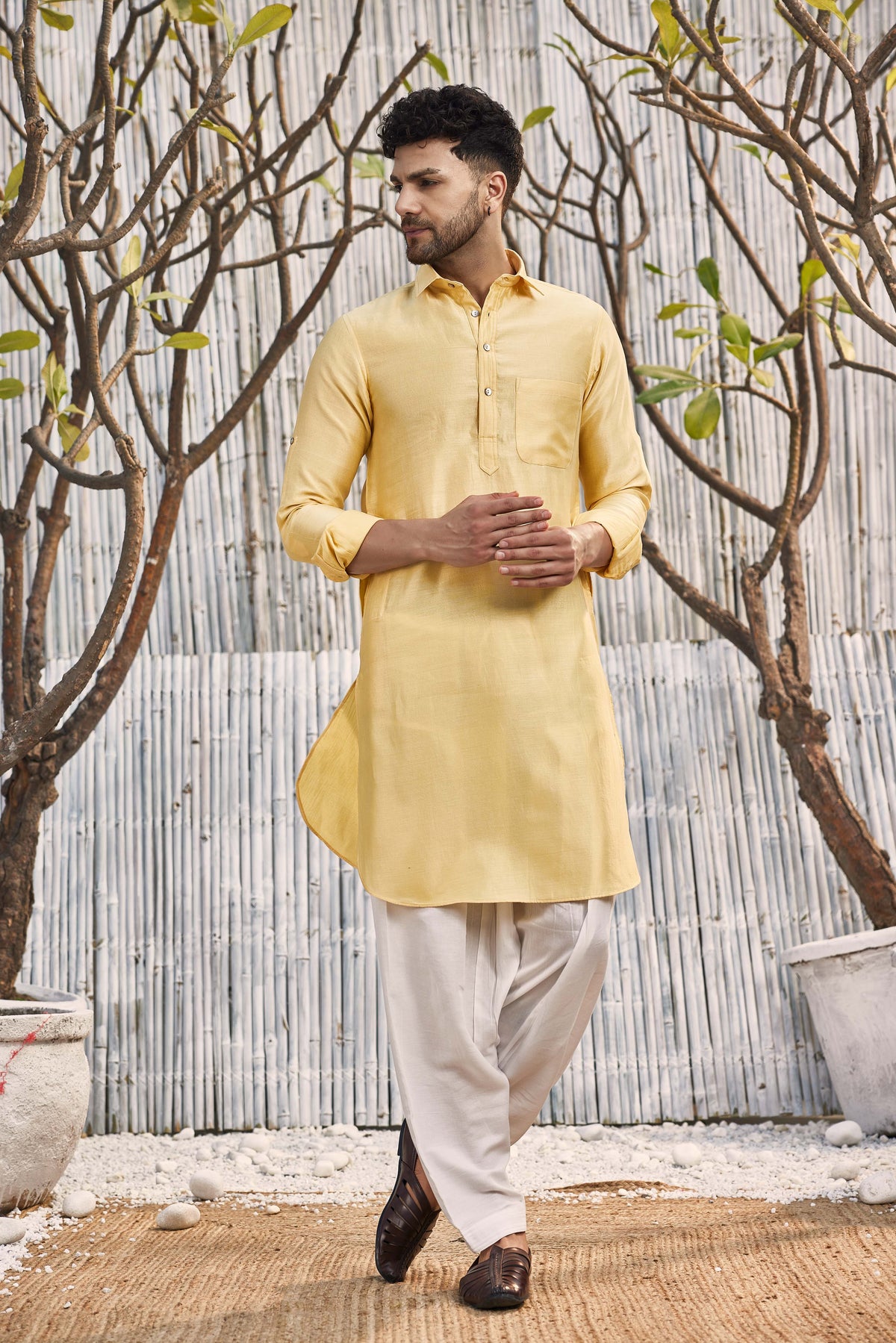 Chanderi Yellow Pathani Kurta Set