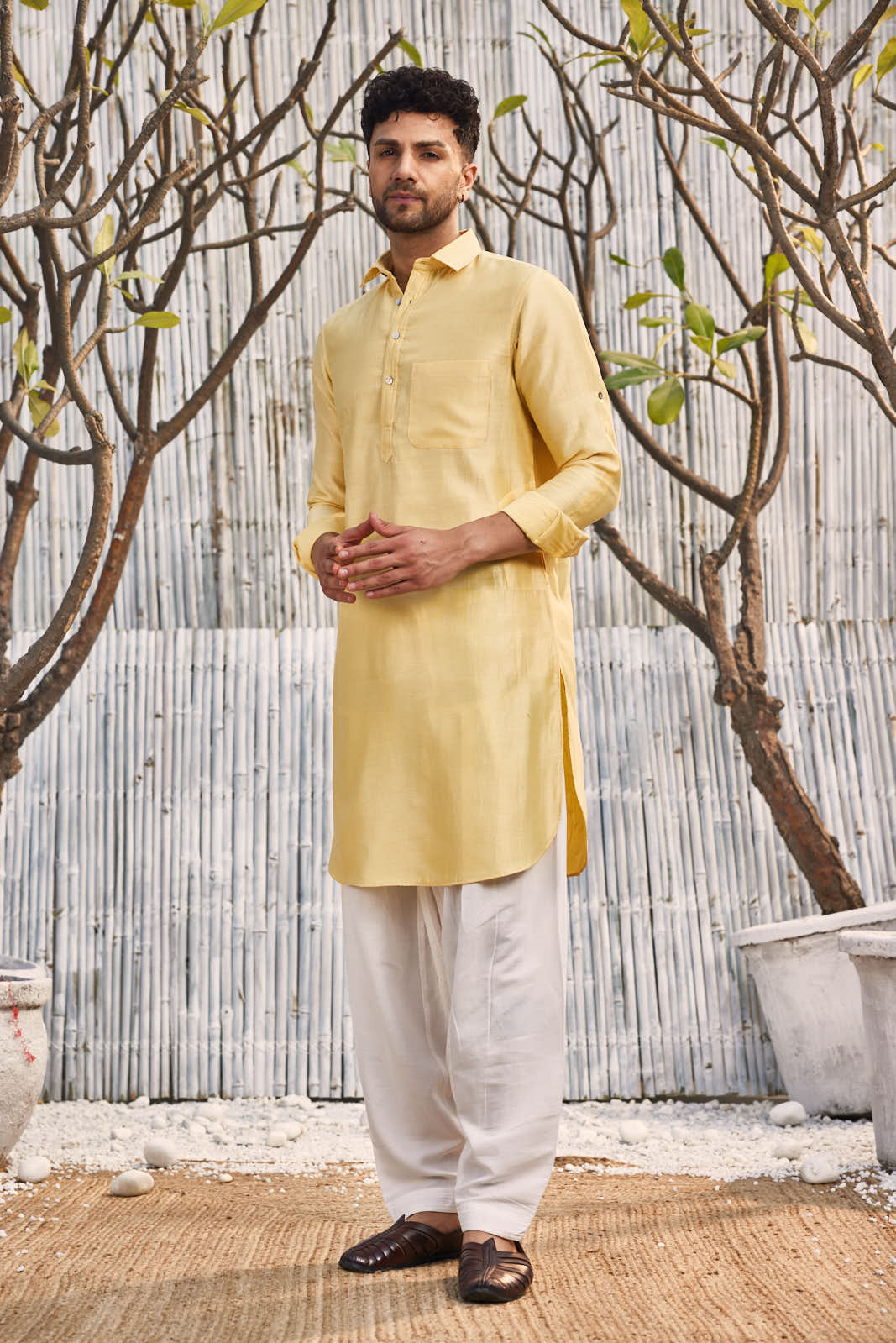 Chanderi Yellow Pathani Kurta Set