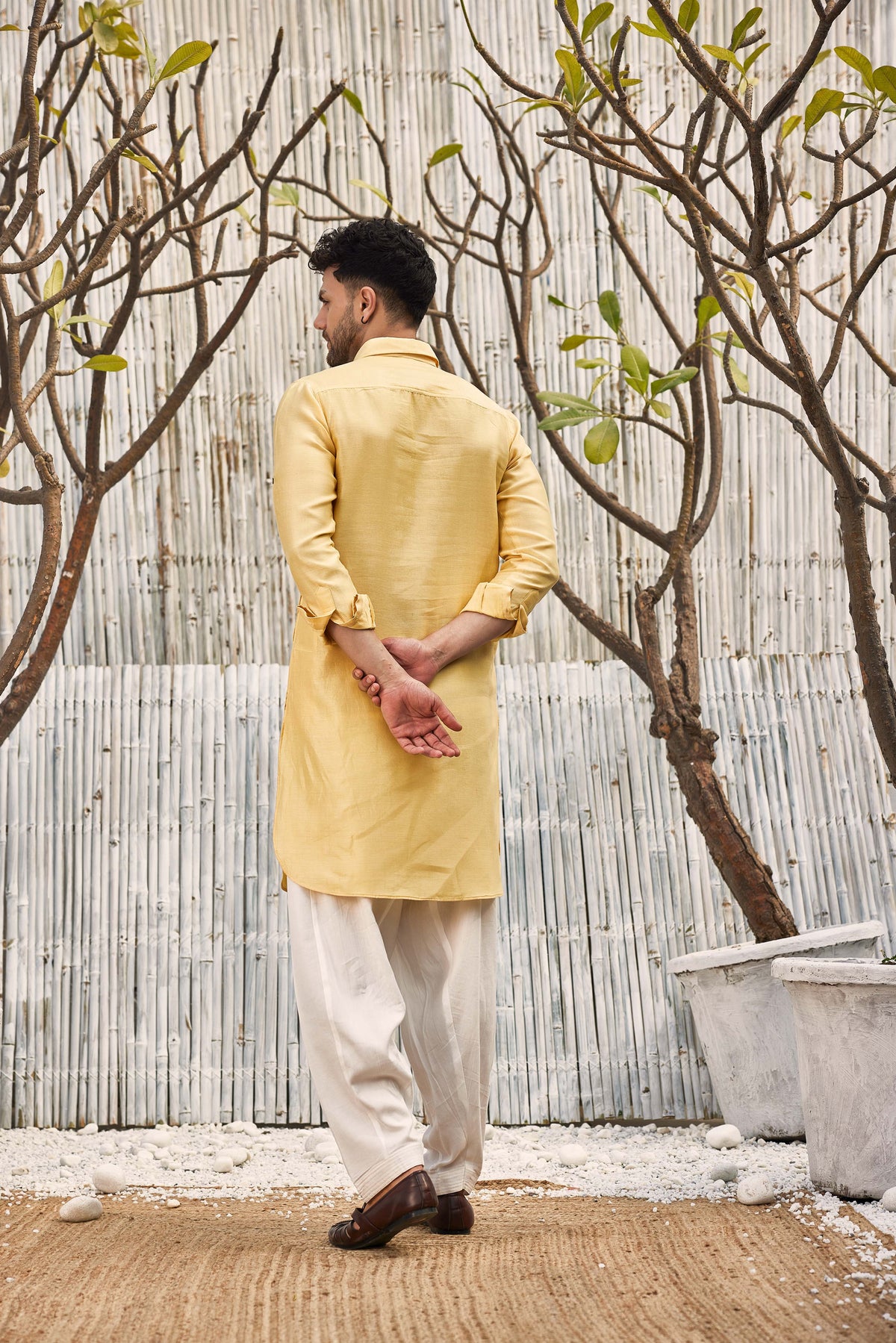 Chanderi Yellow Pathani Kurta Set