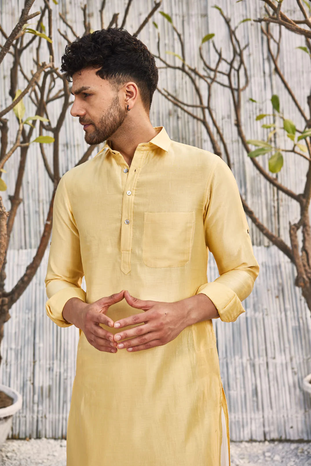 Chanderi Yellow Pathani Kurta Set