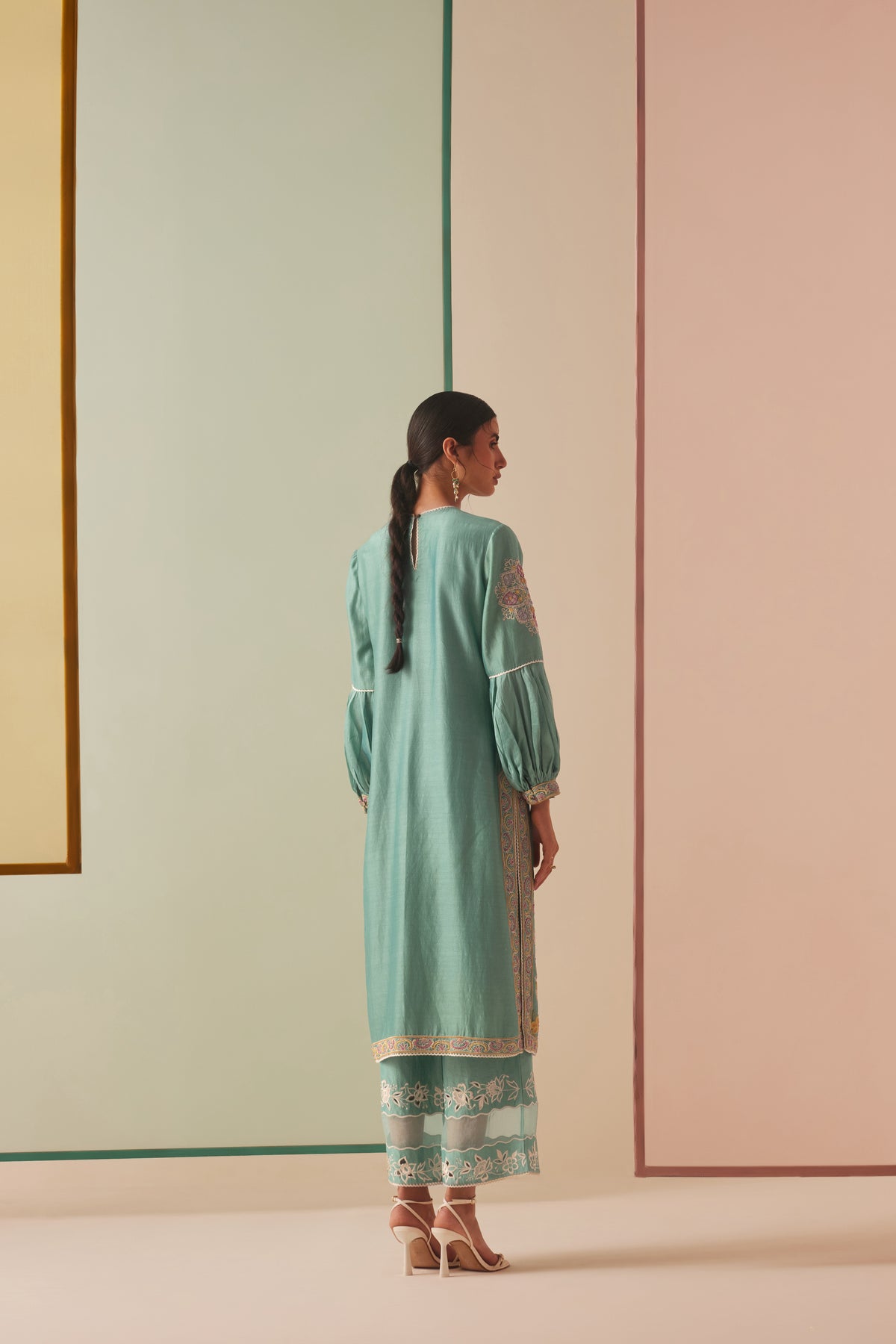 Aqua Contrast Embroidered Kurta Set