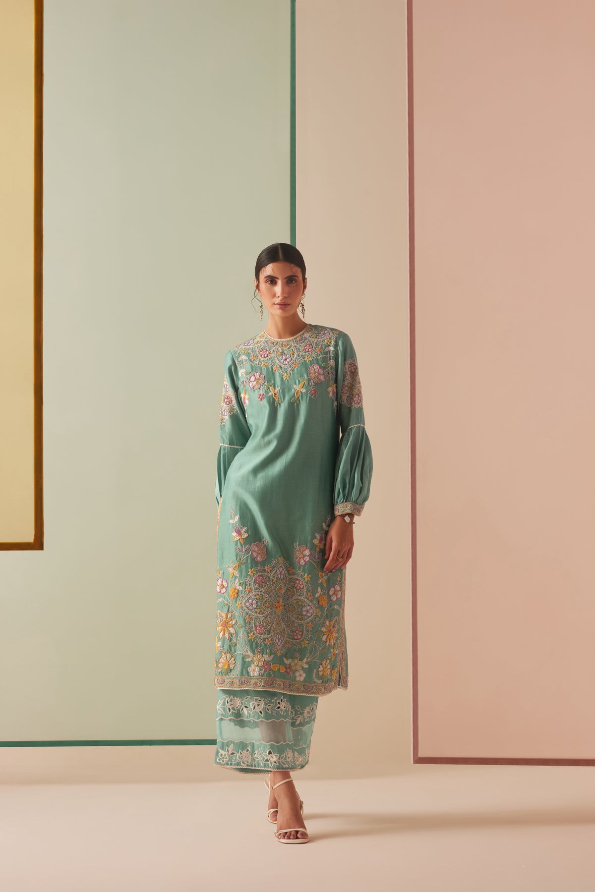 Aqua Contrast Embroidered Kurta Set