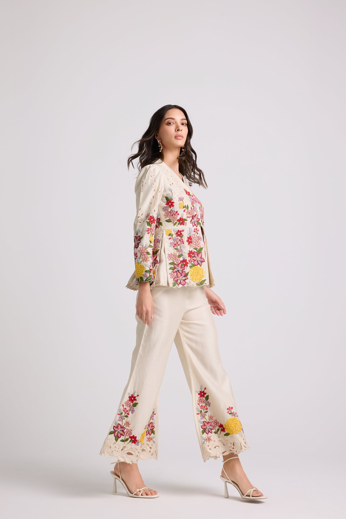 Ivory Floral threadwork Bell Bottom pants