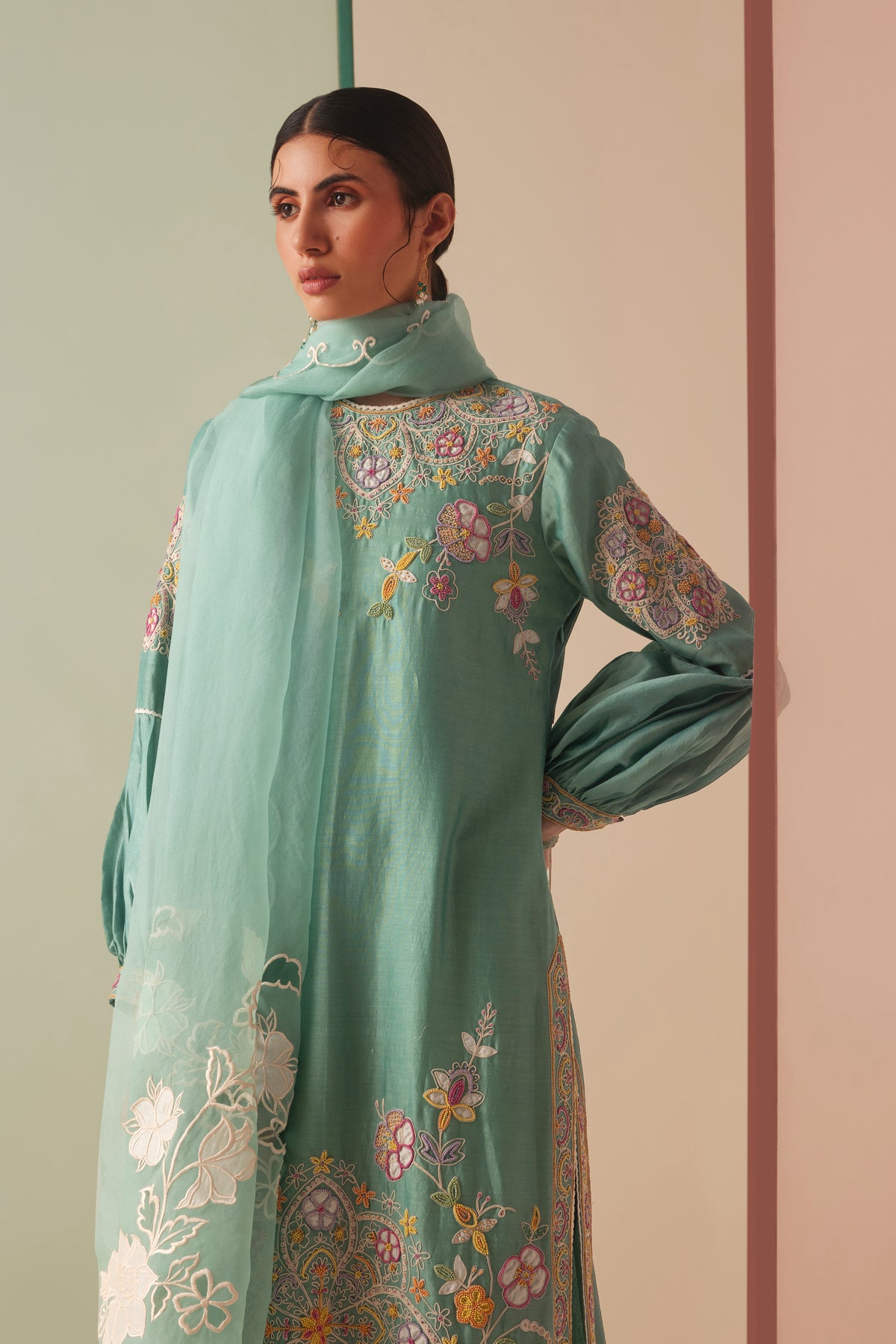 Aqua Contrast Embroidered Kurta Set