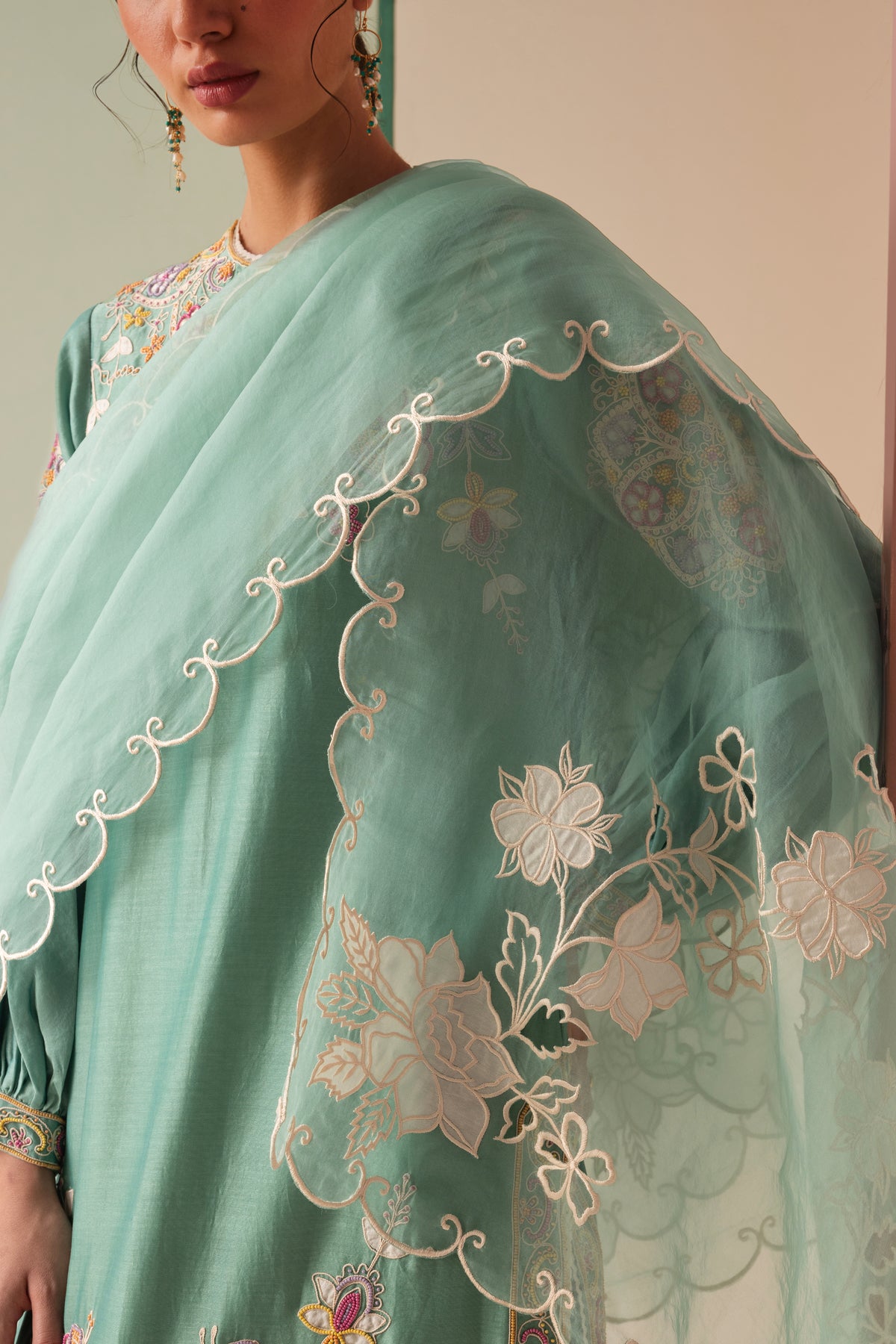 Aqua Cutwork Organza Dupatta