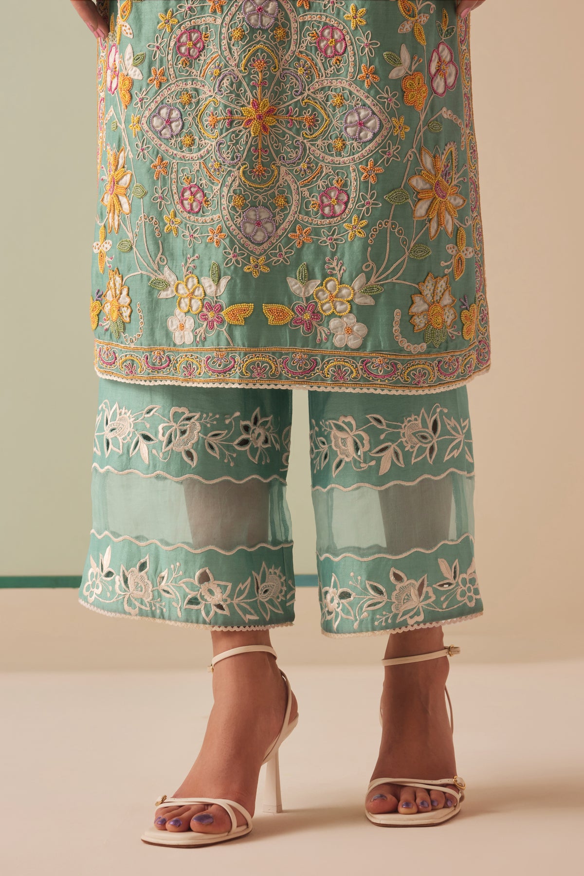 Aqua Contrast Embroidered Kurta Set