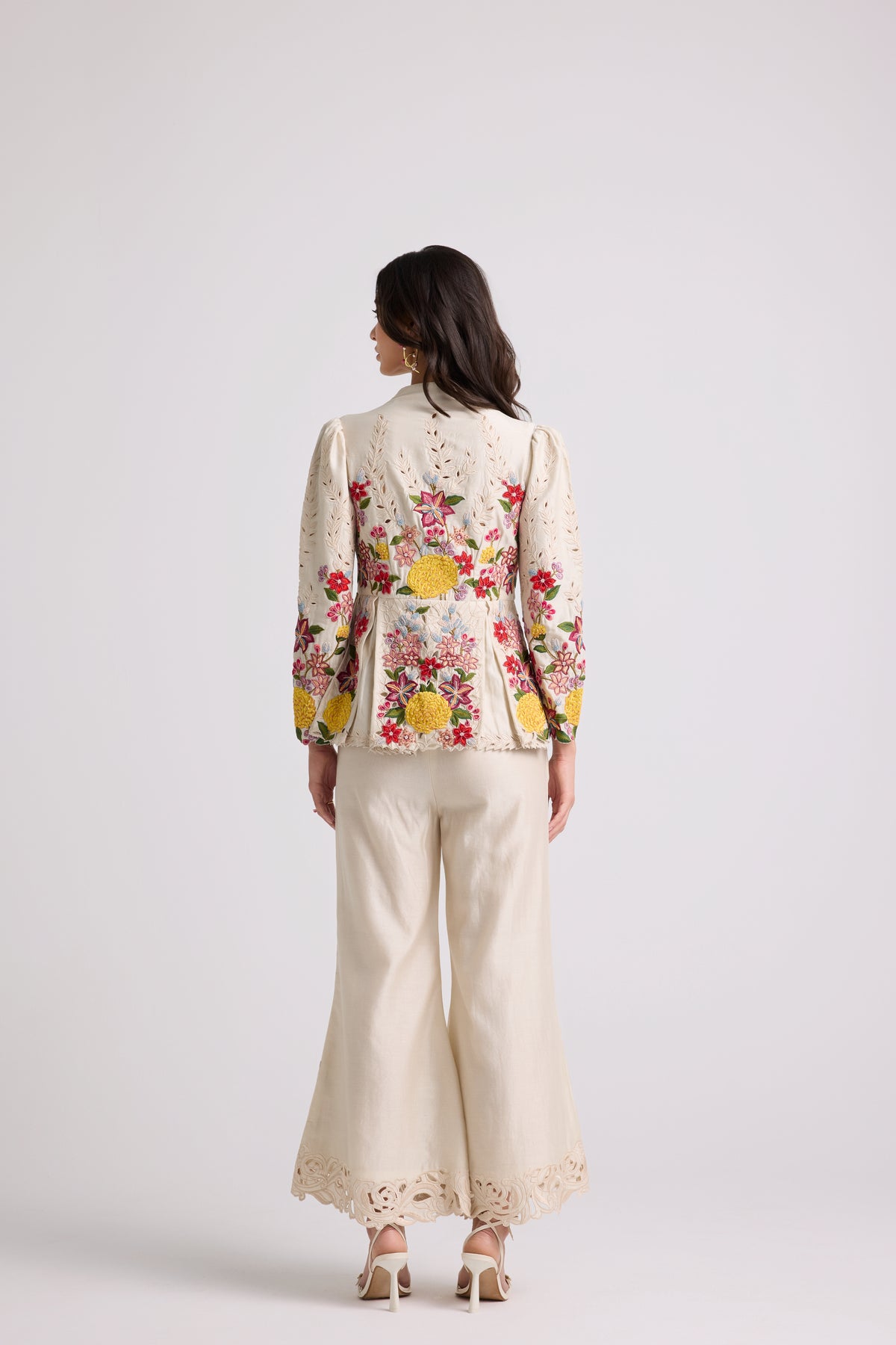 Ivory Floral threadwork Bell Bottom pants