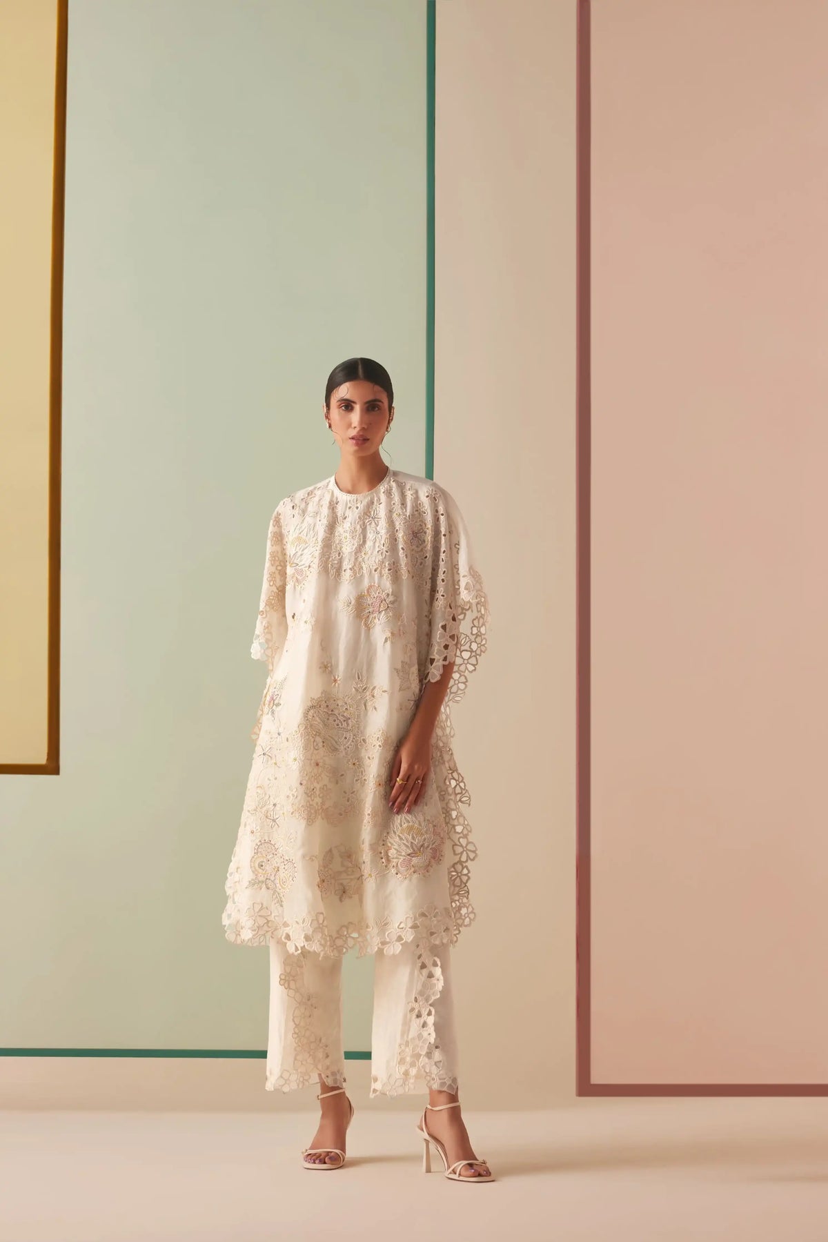 Ivory Tonal Beadwork and Cutwork Kaftan