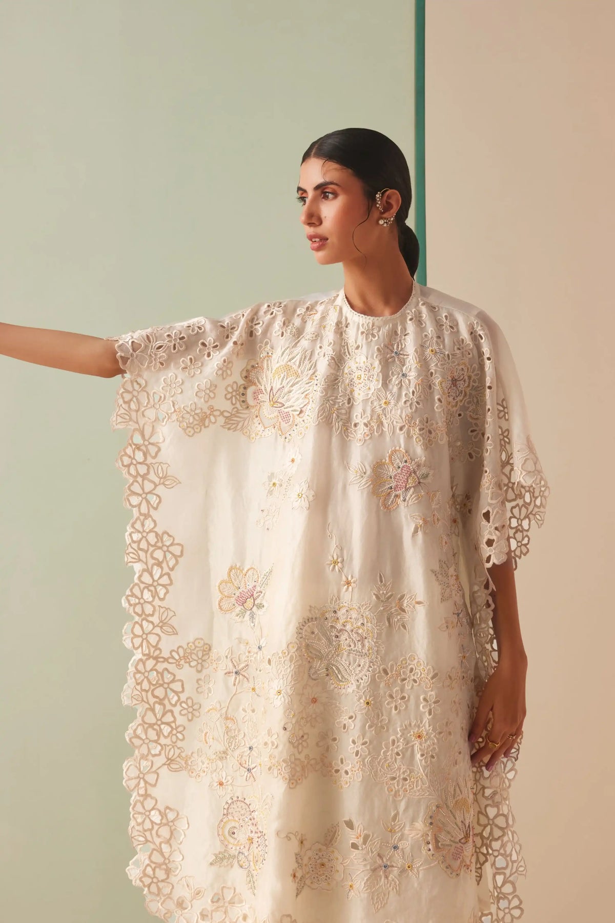 Ivory Tonal Beadwork and Cutwork Kaftan