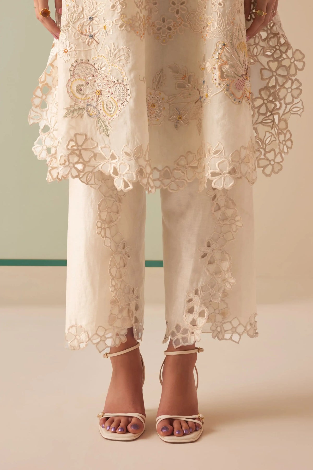 Ivory Tonal Beadwork and Cutwork Kaftan