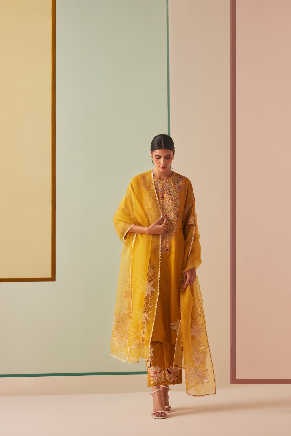 Mustard Contrast Yoke Kurta Set