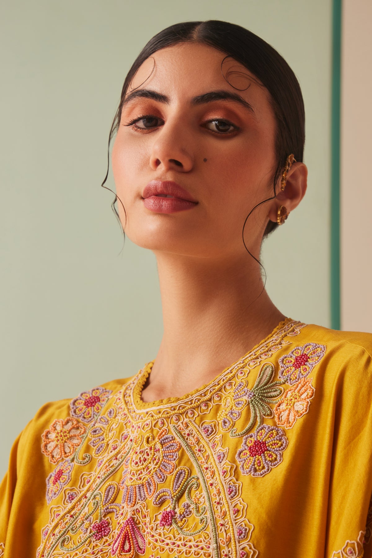 Mustard Contrast Yoke Kurta Set