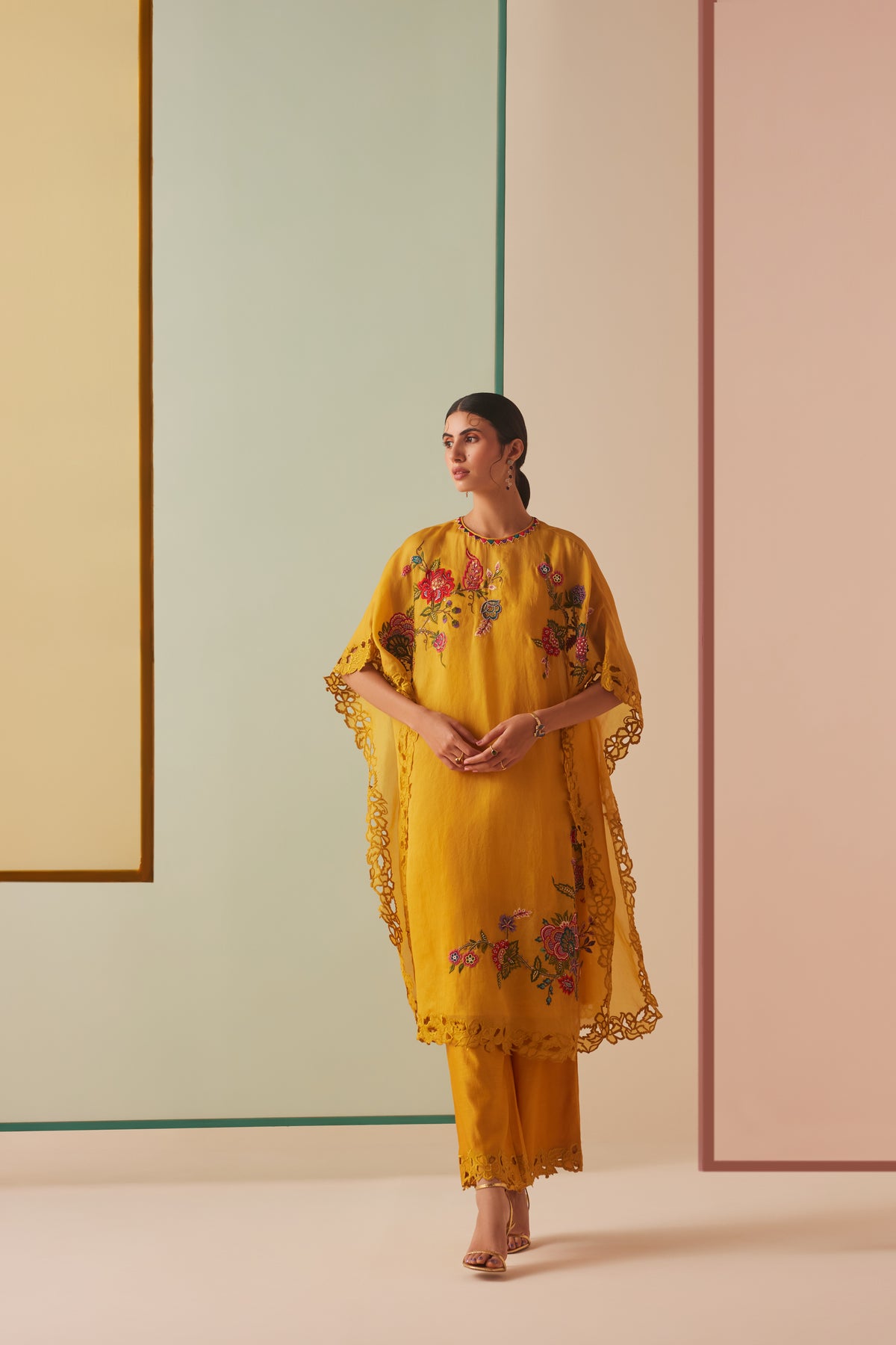 Mustard Thread Work and Cutwork Kaftan Set