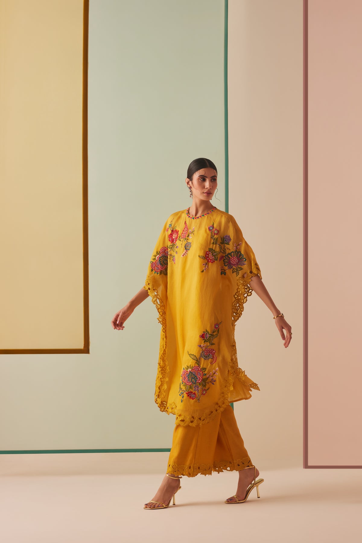 Mustard Thread Work and Cutwork Kaftan Set