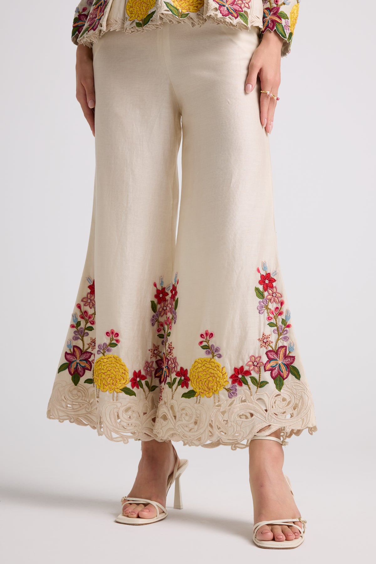 Ivory Floral threadwork Bell Bottom pants