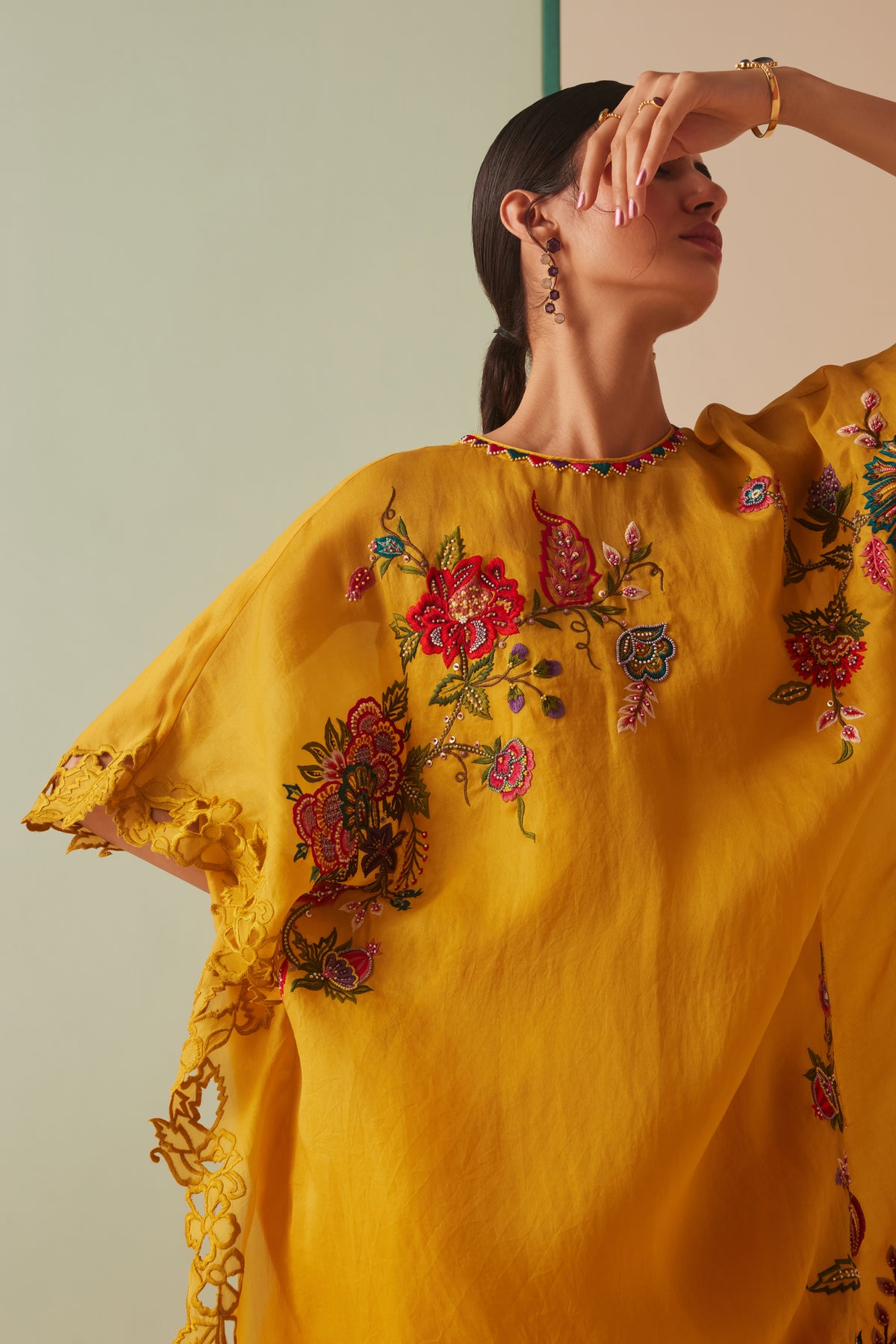 Mustard Thread Work and Cutwork Kaftan Set