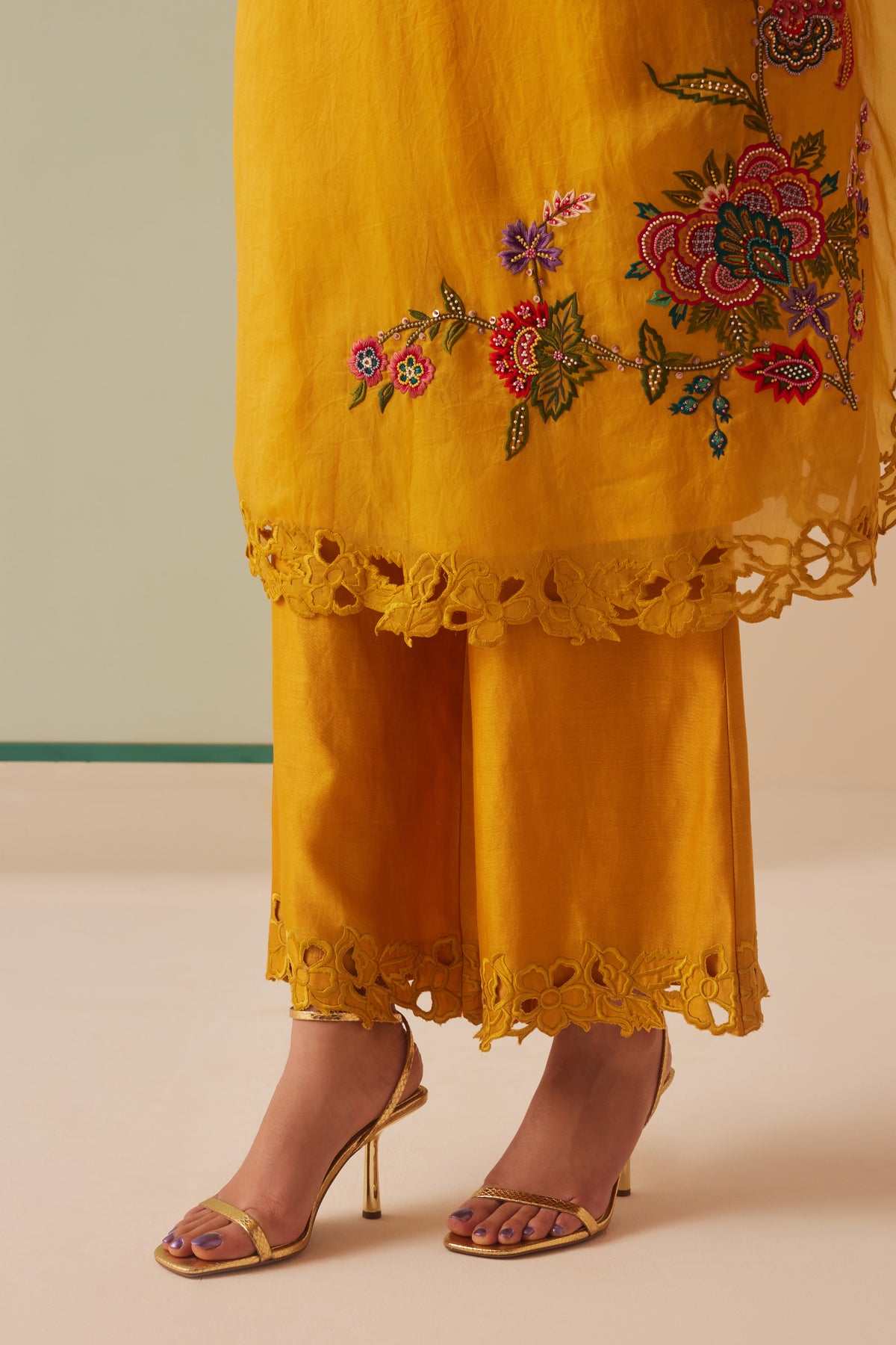 Mustard Thread Work and Cutwork Kaftan Set