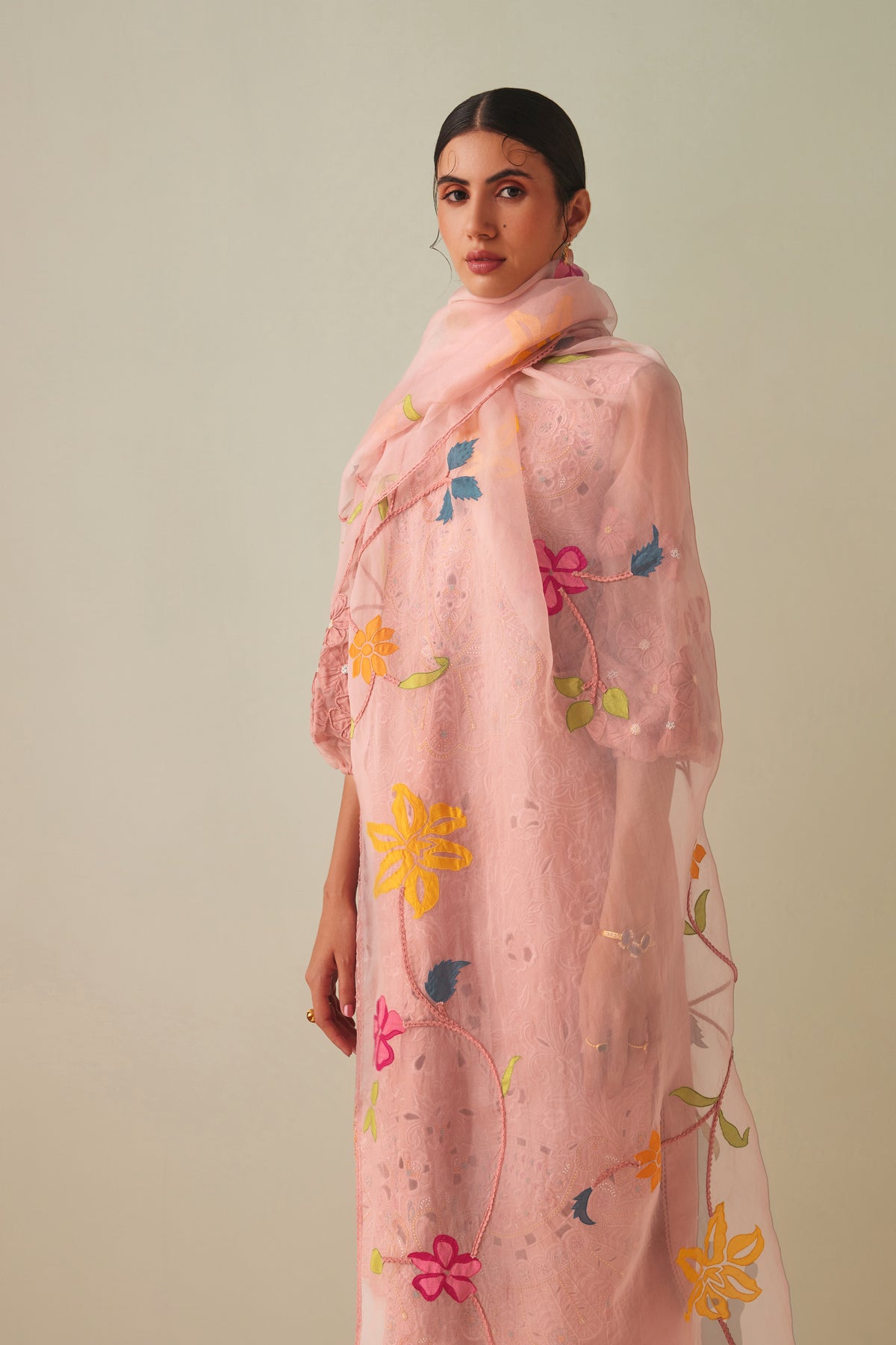 Old Rose Applique Organza Dupatta