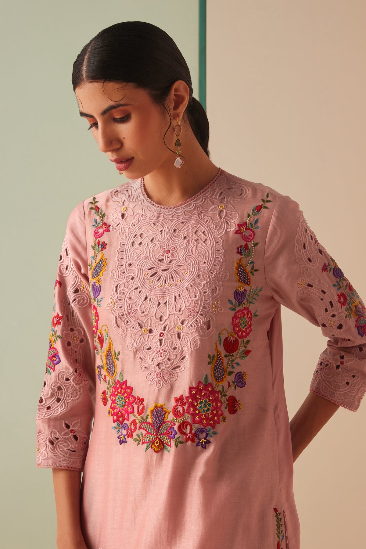 Old Rose Threadwork and Cutwork Kurta Set