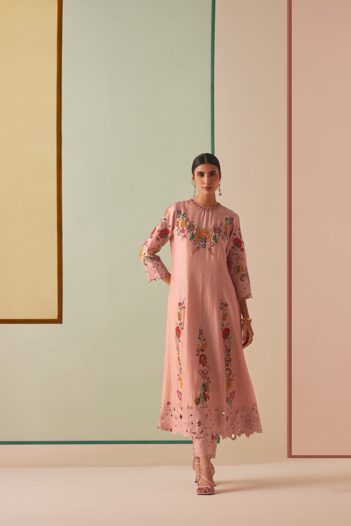 Old Rose Embroidered Flared Kurta Set