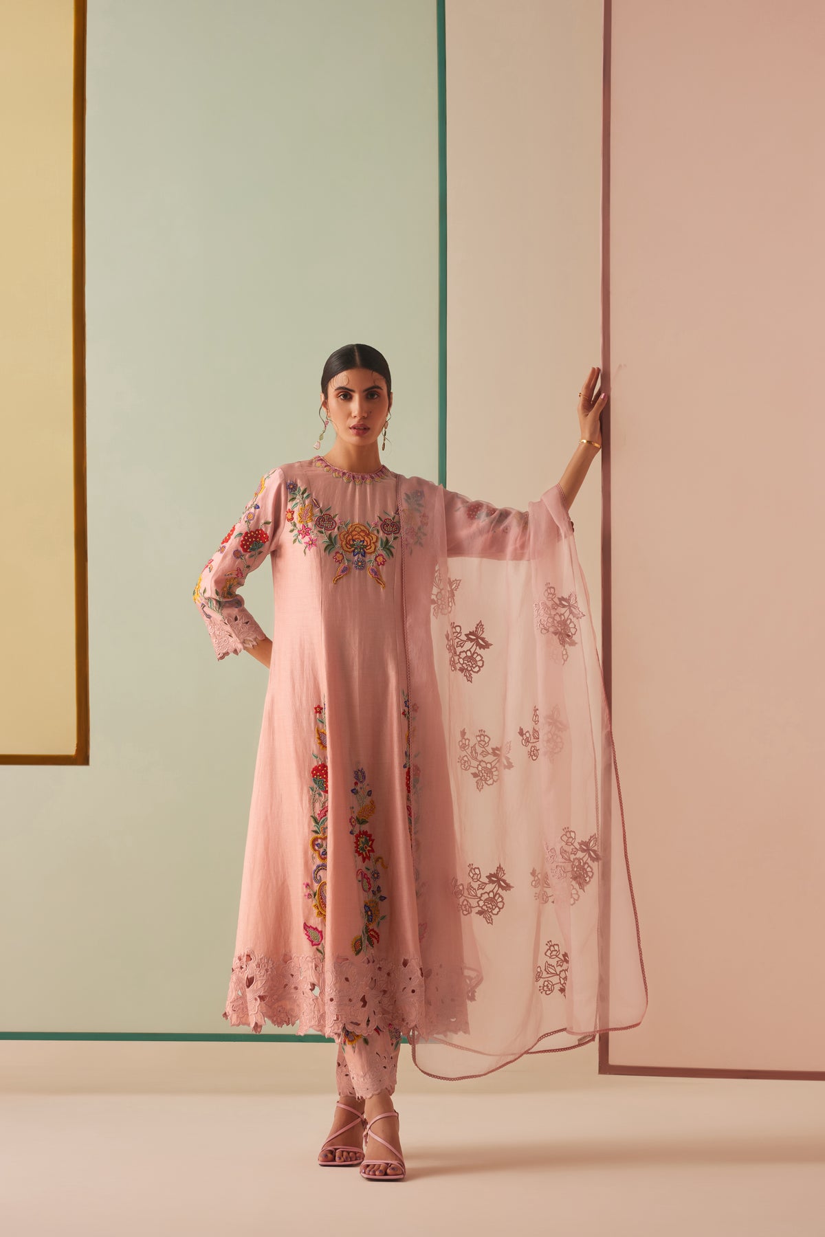 Old Rose Embroidered Flared Kurta Set