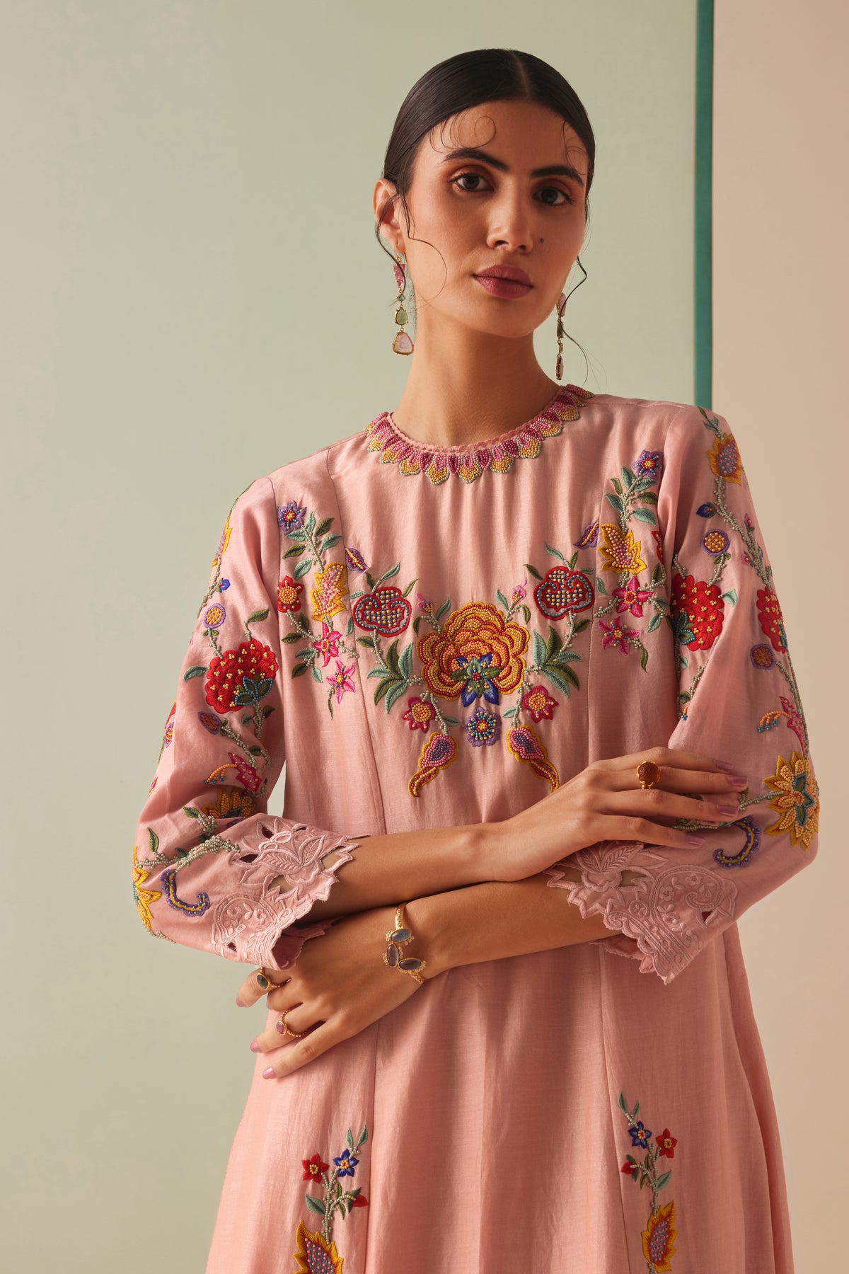 Old Rose Embroidered Flared Kurta Set