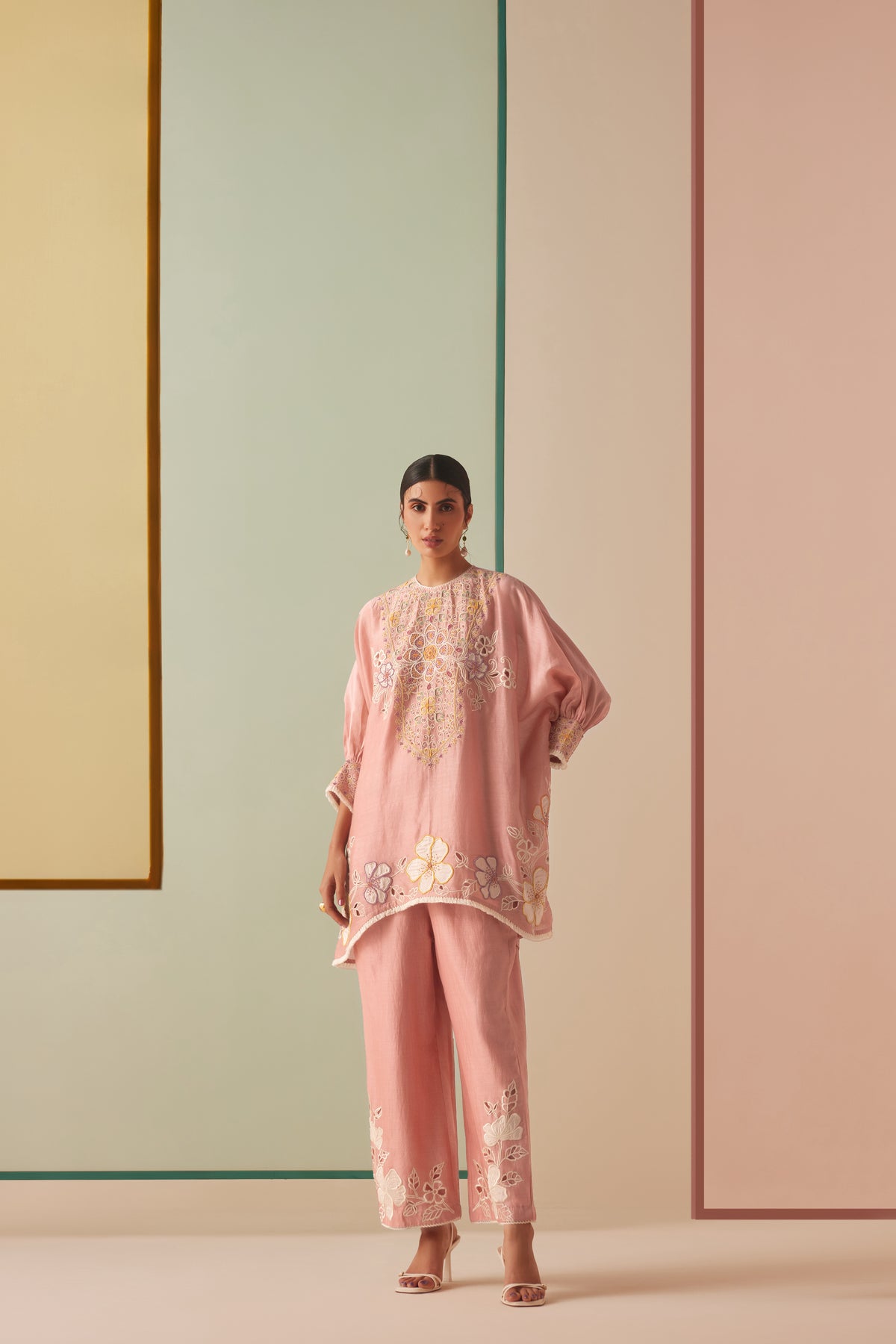 Old Rose Contrast Applique and Cordwork Kurta Set