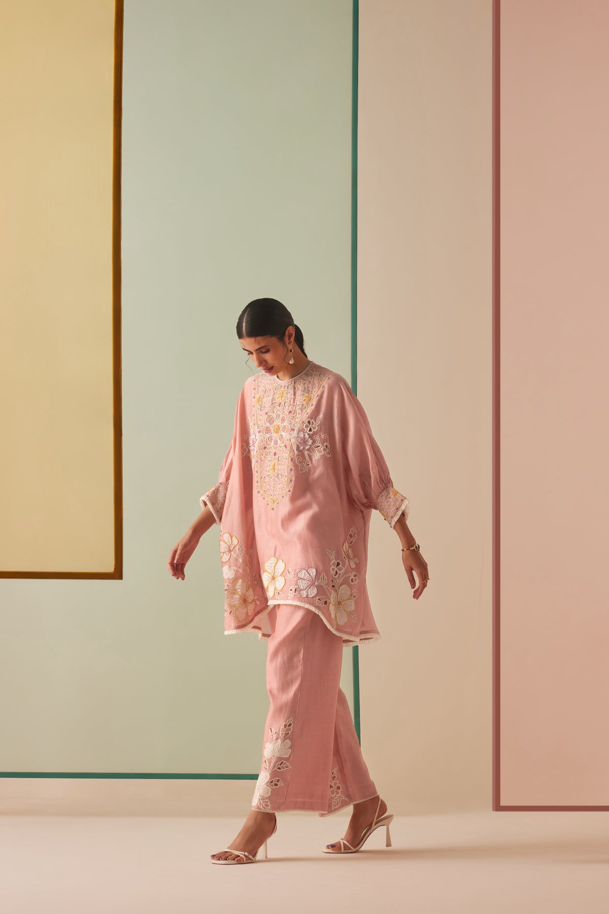 Old Rose Contrast Applique and Cordwork Kurta Set