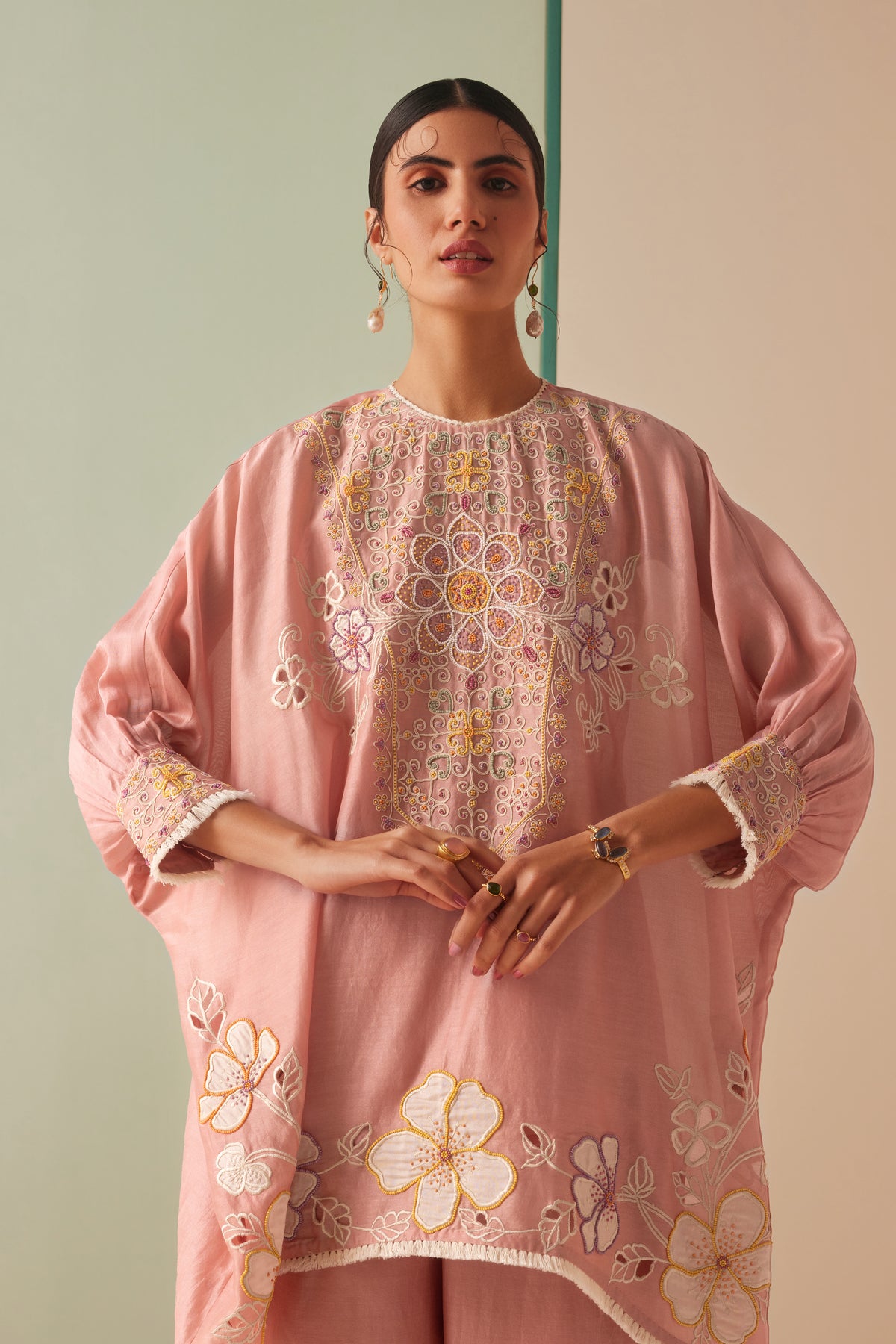 Old Rose Contrast Applique and Cordwork Kurta Set