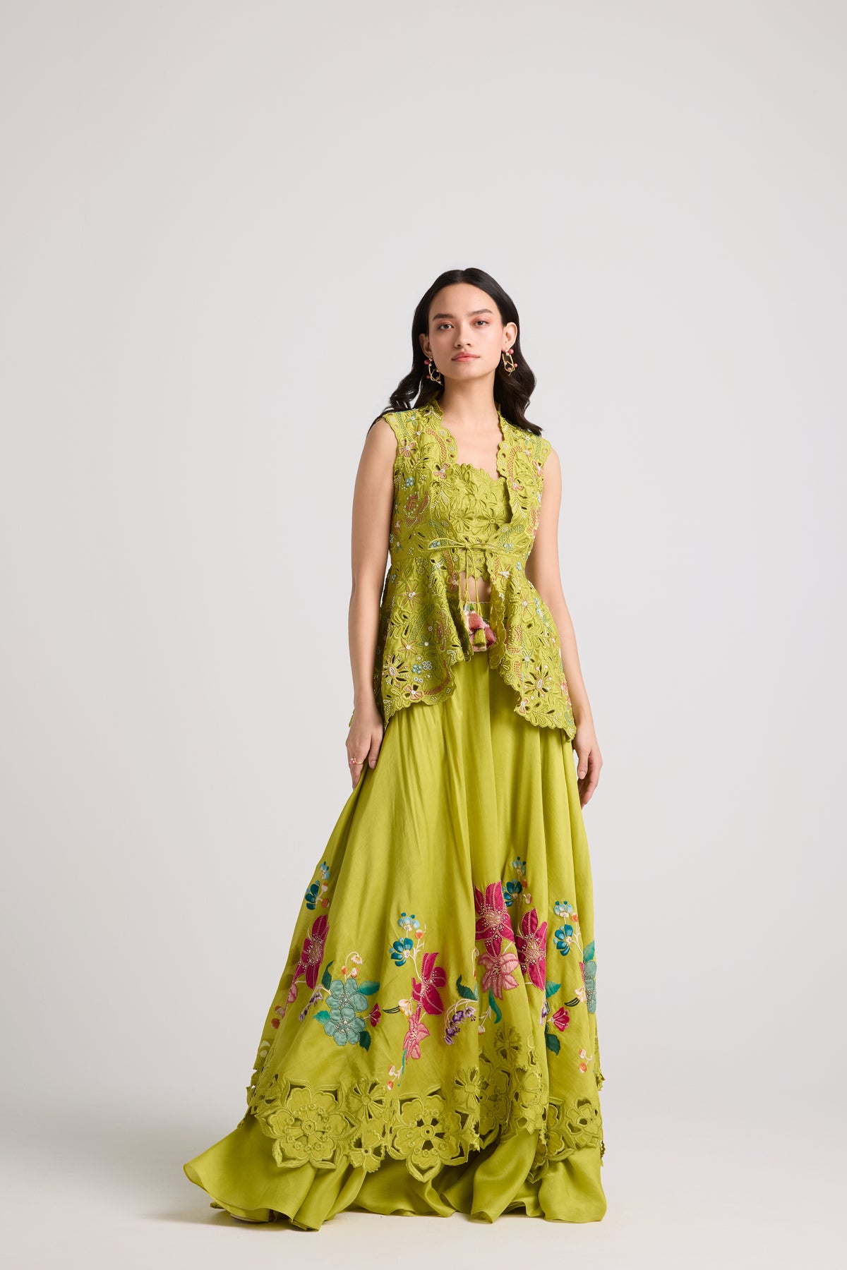 Lime Green Floral Applique Lehenga