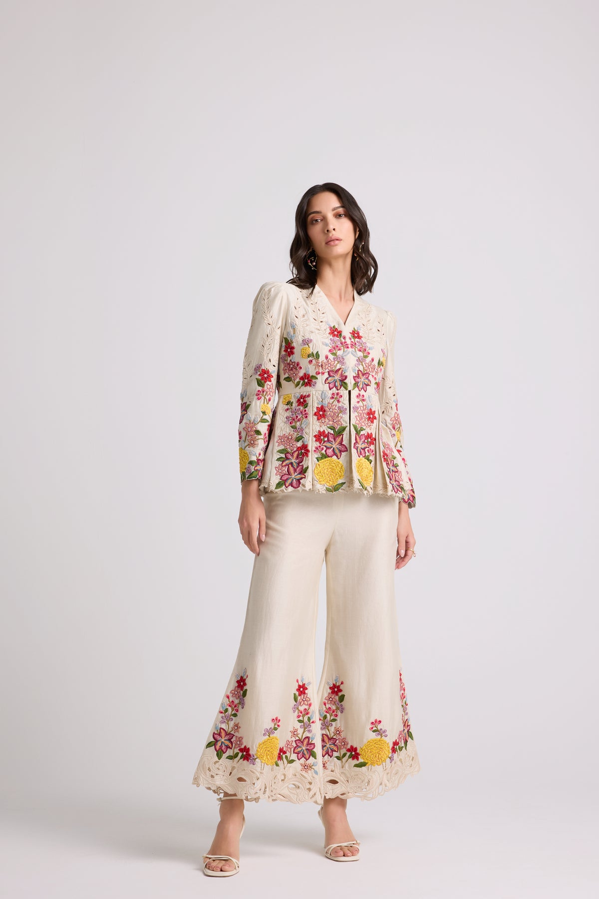 Ivory Floral threadwork Bell Bottom pants