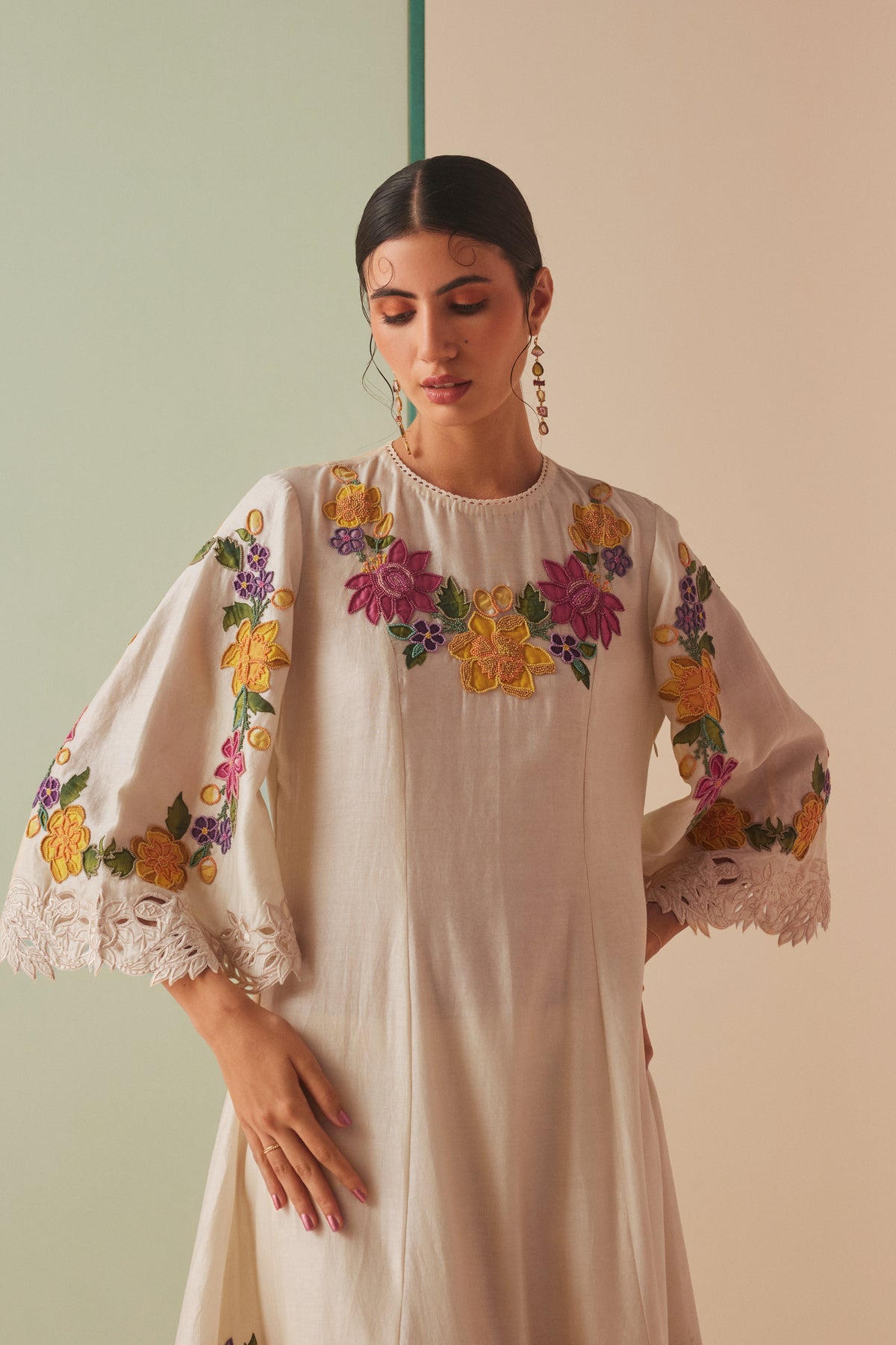 Ivory Applique and Cutwork Flared Kurta Set