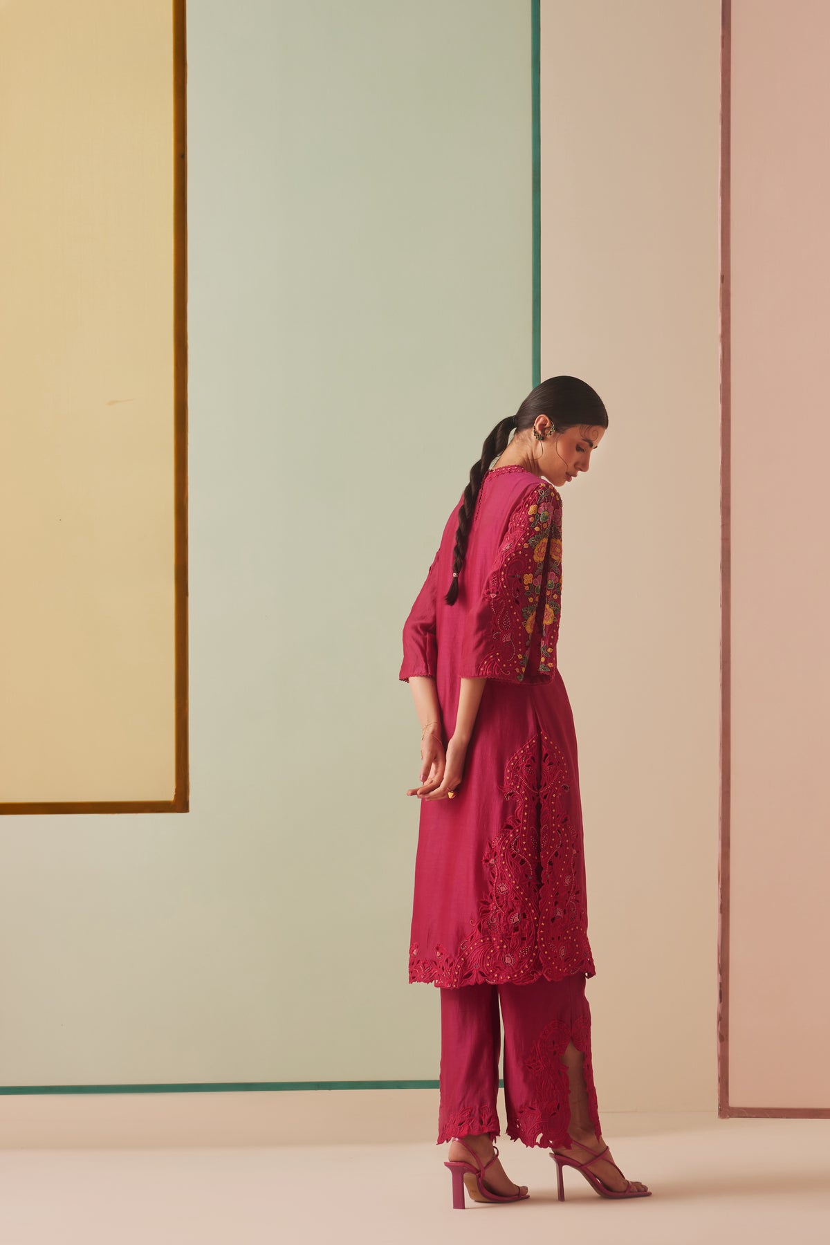 Fuchsia Cutwork and Beadwork Kurta Set