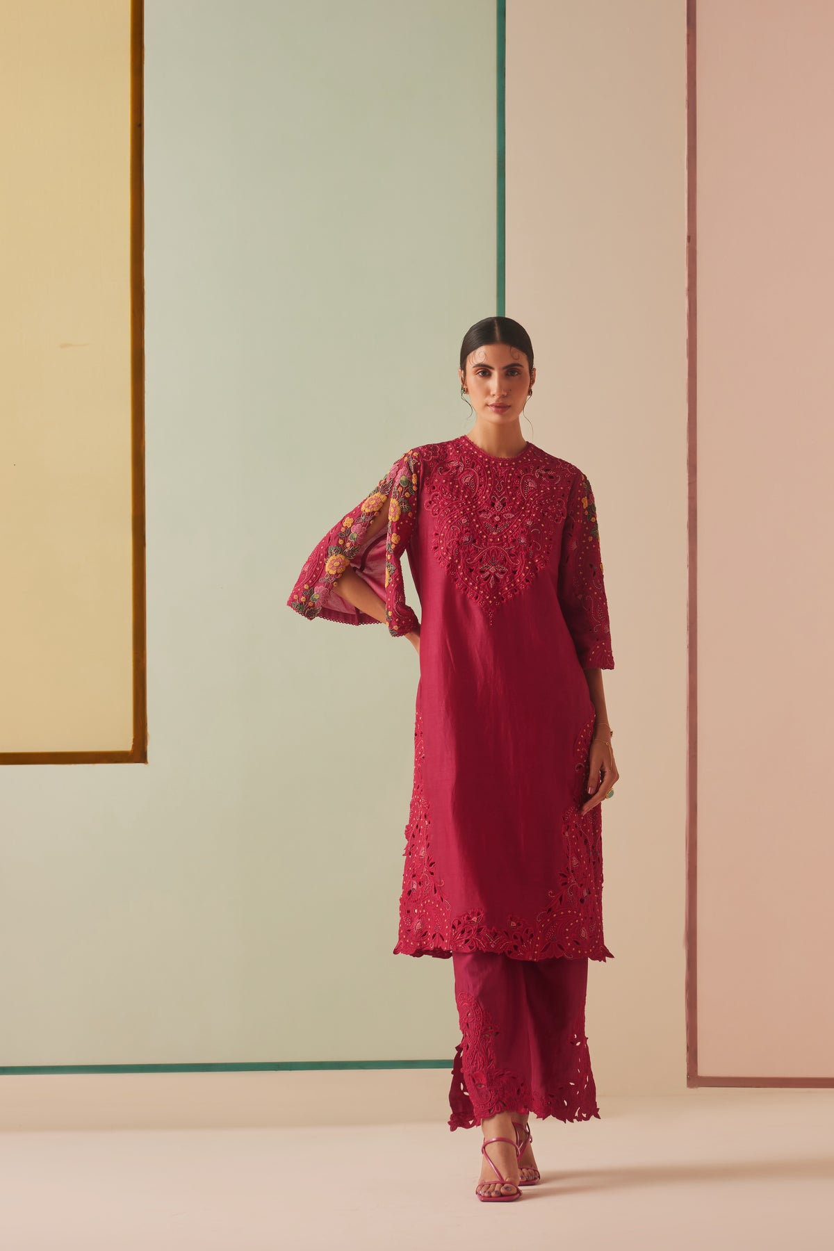 Fuchsia Cutwork and Beadwork Kurta Set