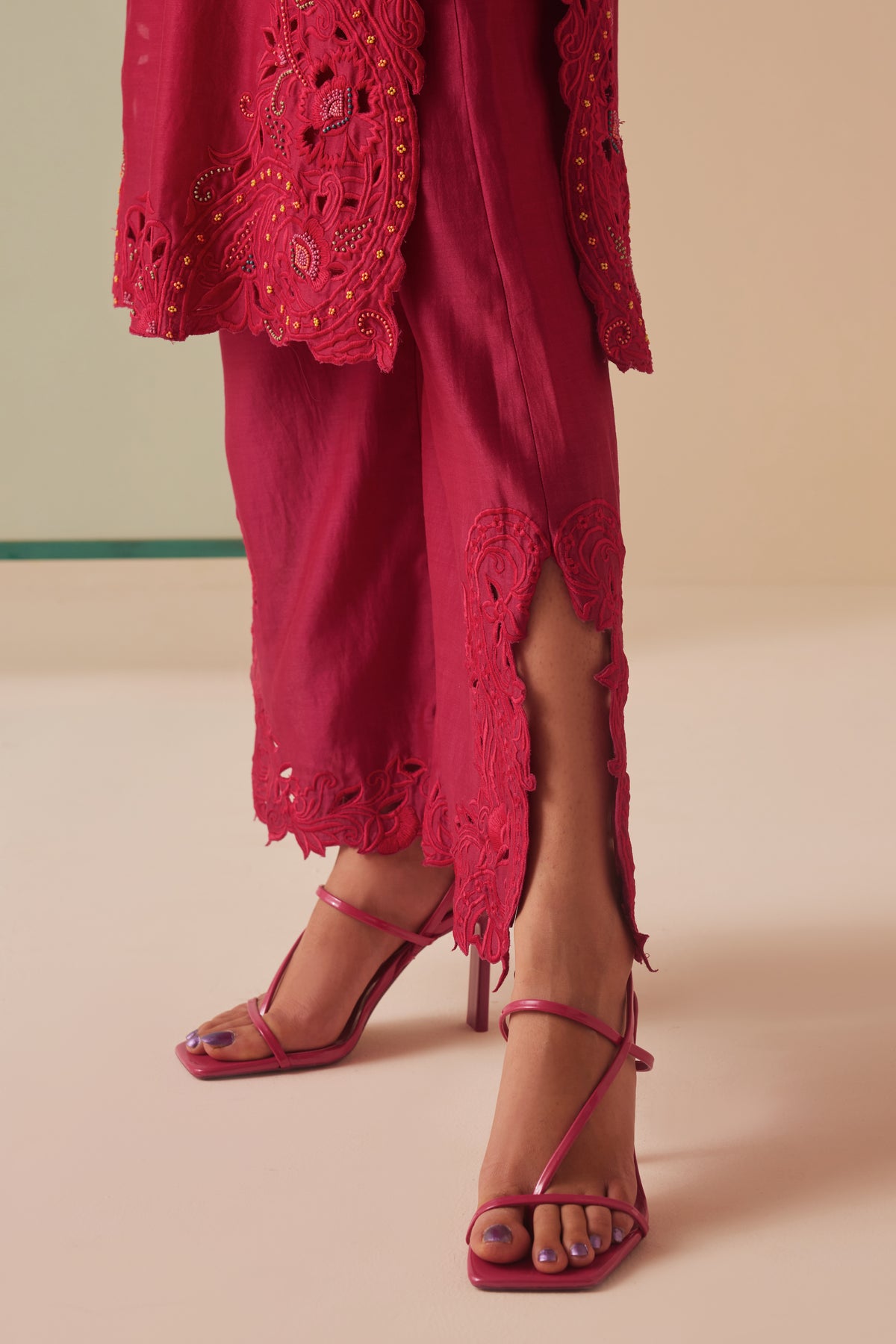 Fuchsia Cutwork and Beadwork Kurta Set