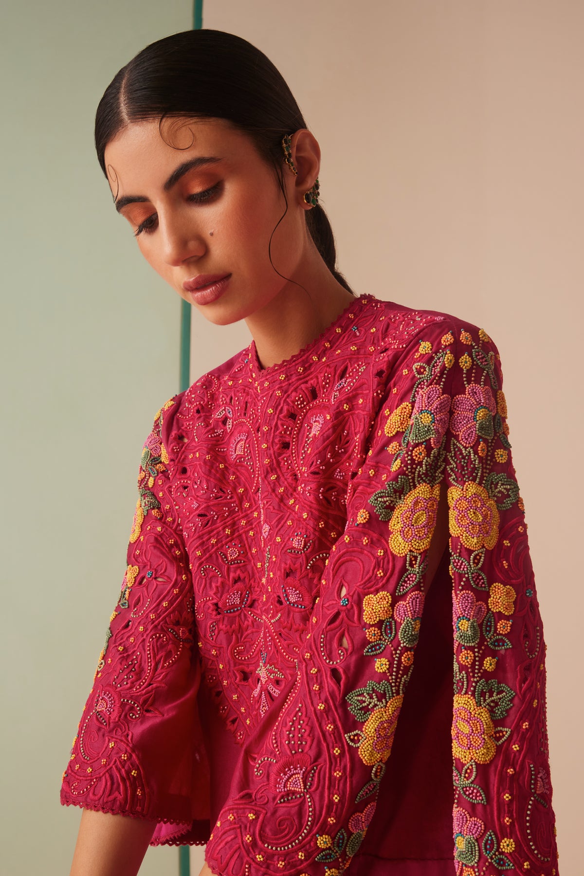 Fuchsia Cutwork and Beadwork Kurta Set