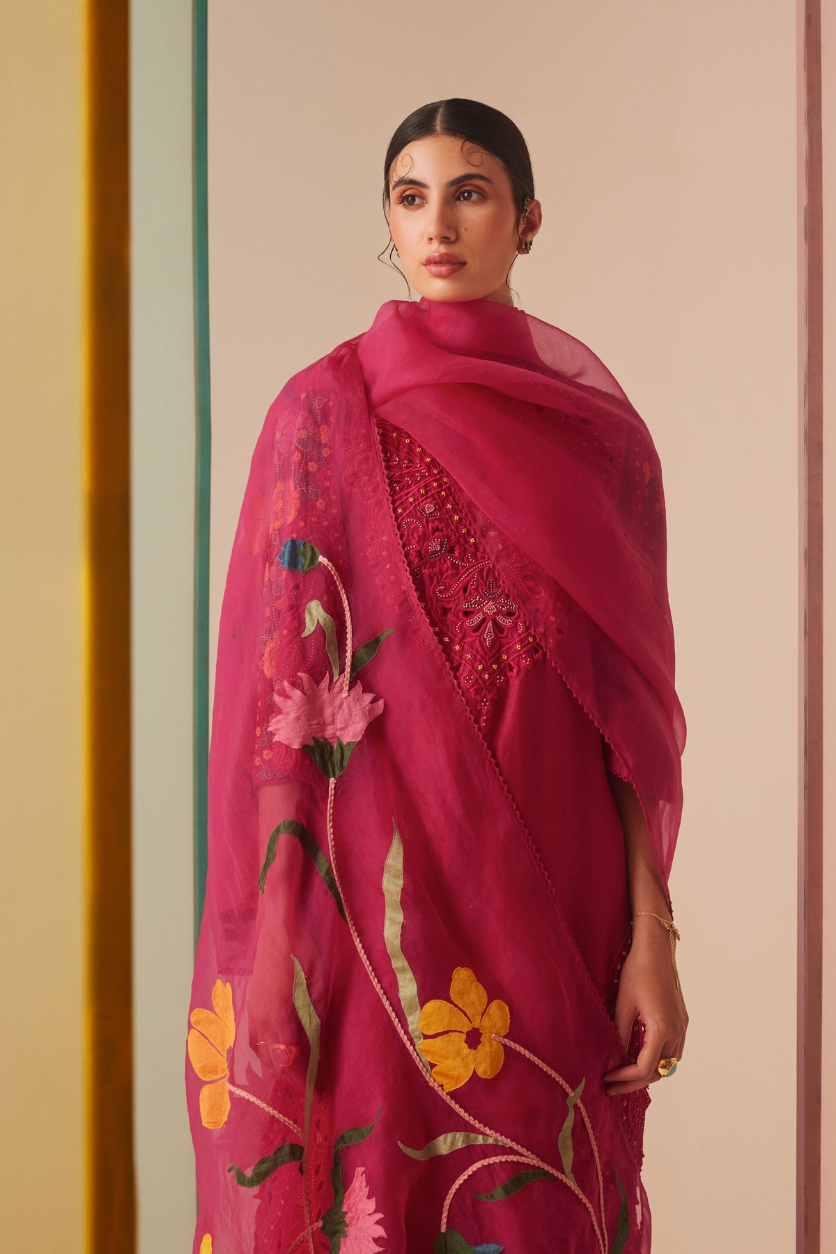 Fuchsia Applique Organza Dupatta