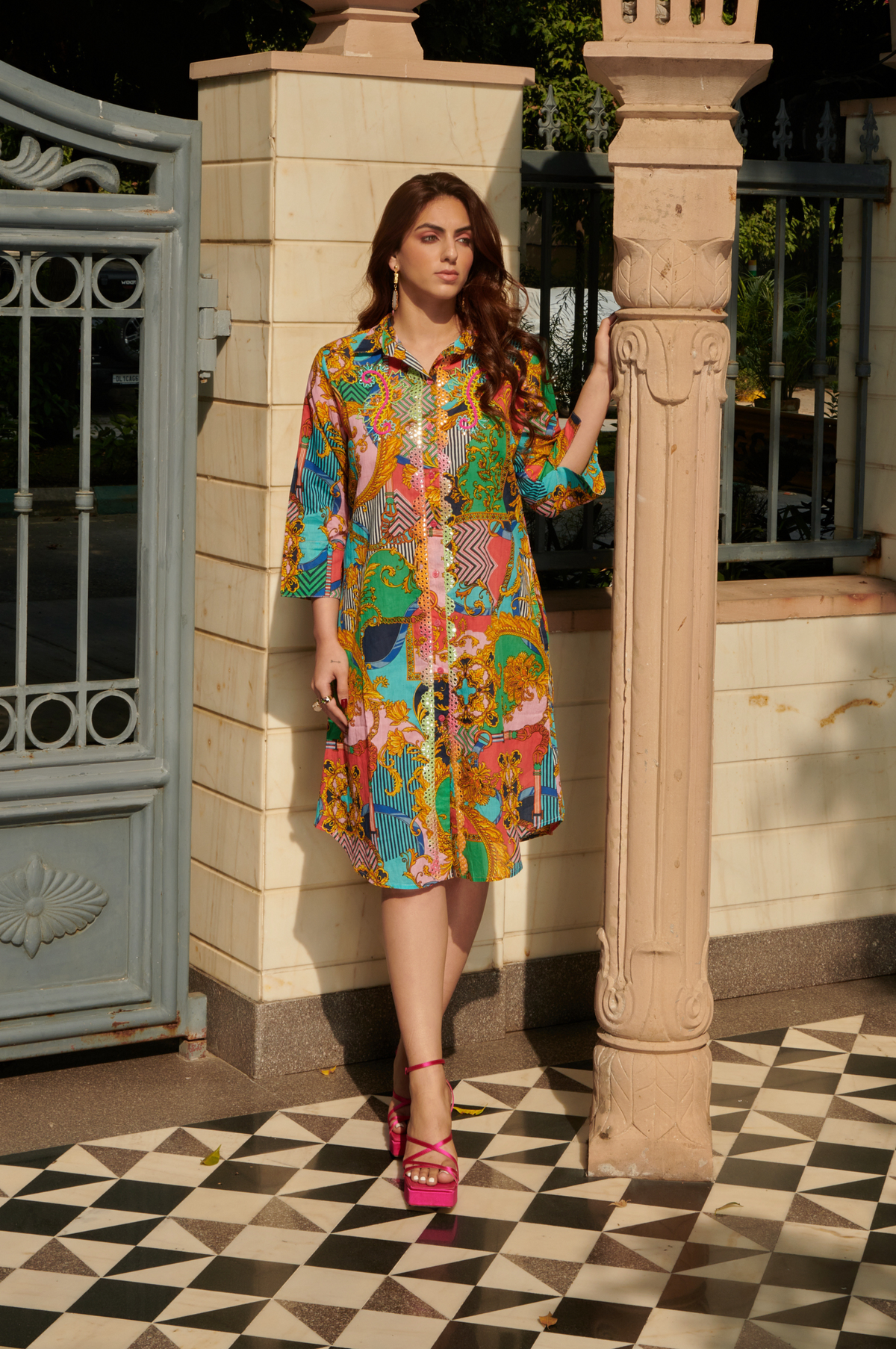 Multicolor Printed Shirt Mini Dress