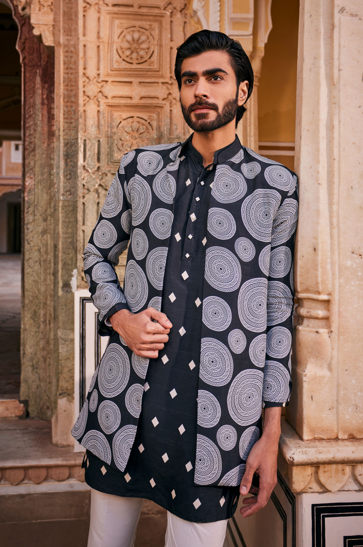 Black Abstract Printed Jacket With Kurta and Pant