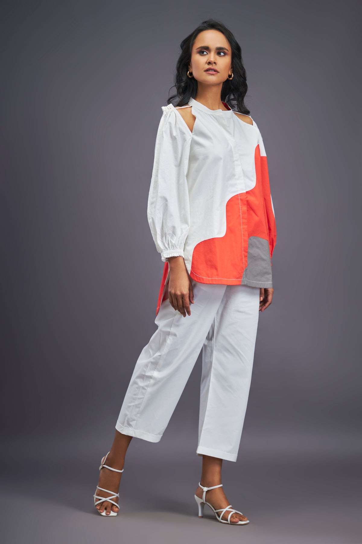 White Orange Cold Shoulder Shirt