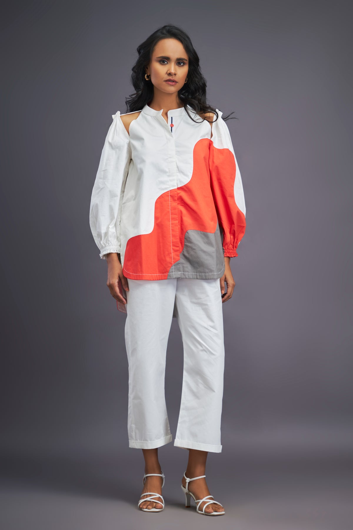 White Orange Cold Shoulder Shirt