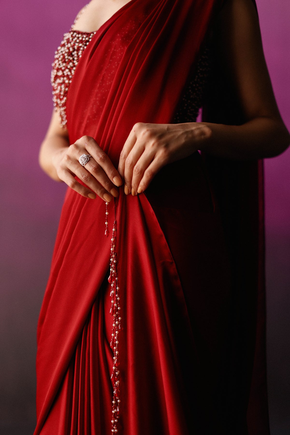 The Red Scallop Crystal Drape Saree