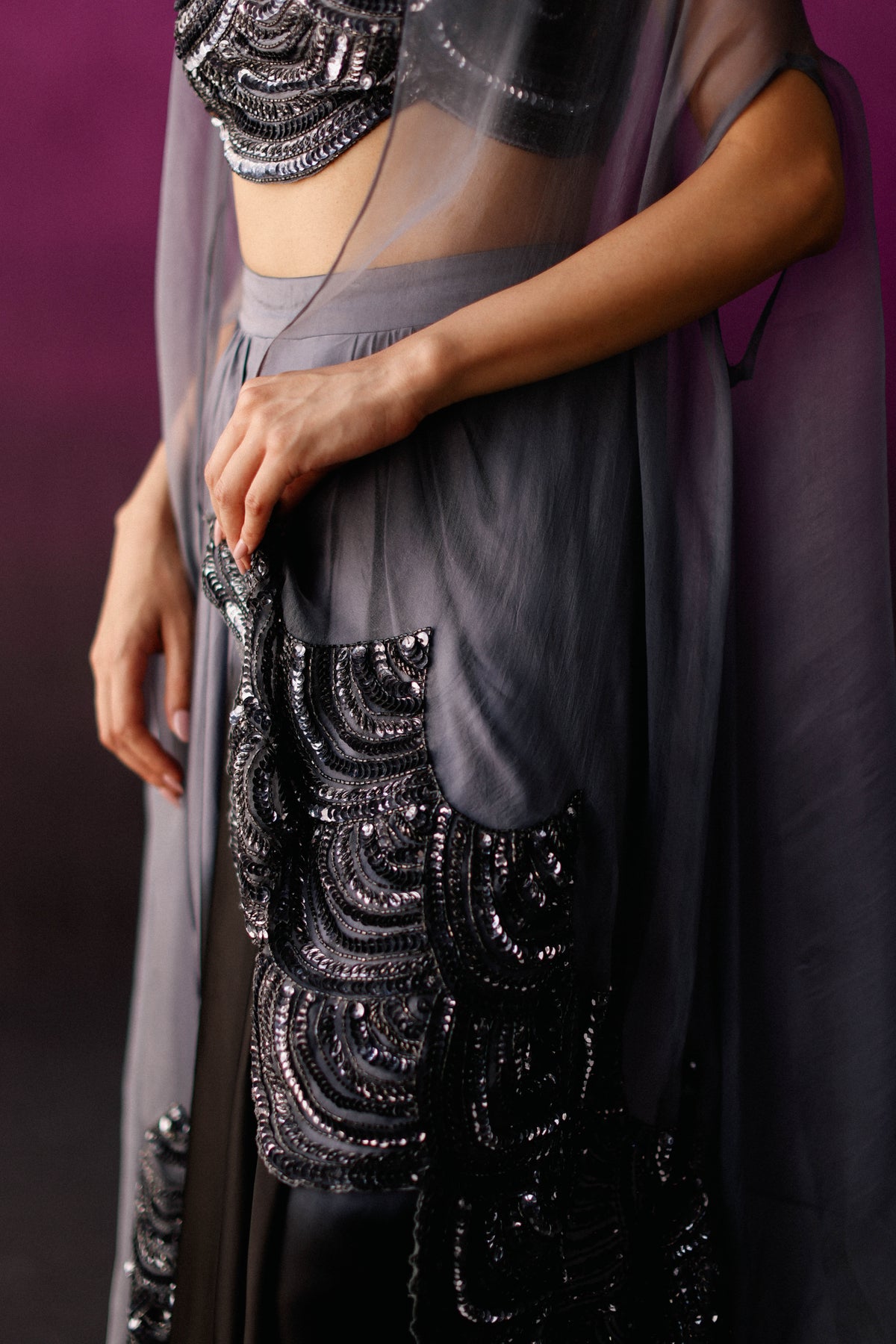 Grey Black Ombre Dhoti Cape Set