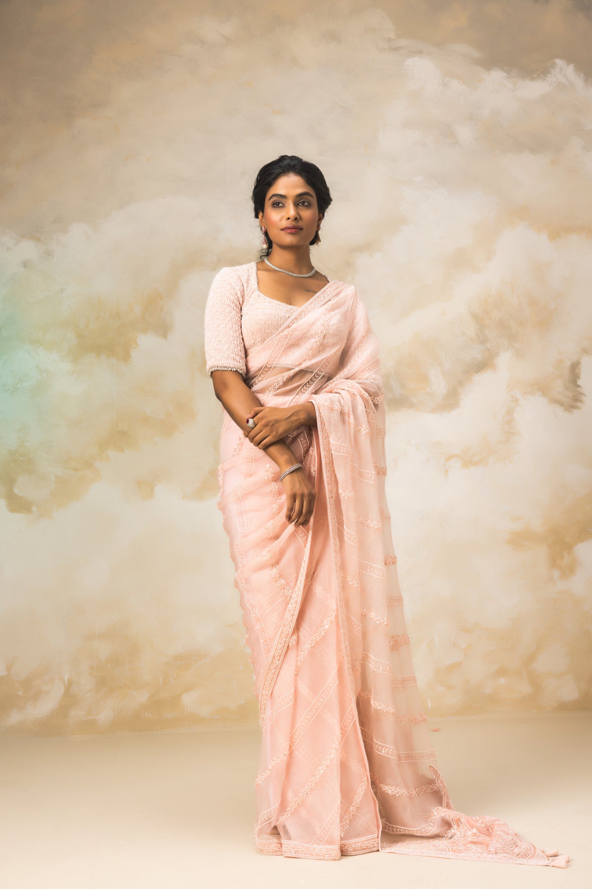 Peach Pearl Embroidered Saree